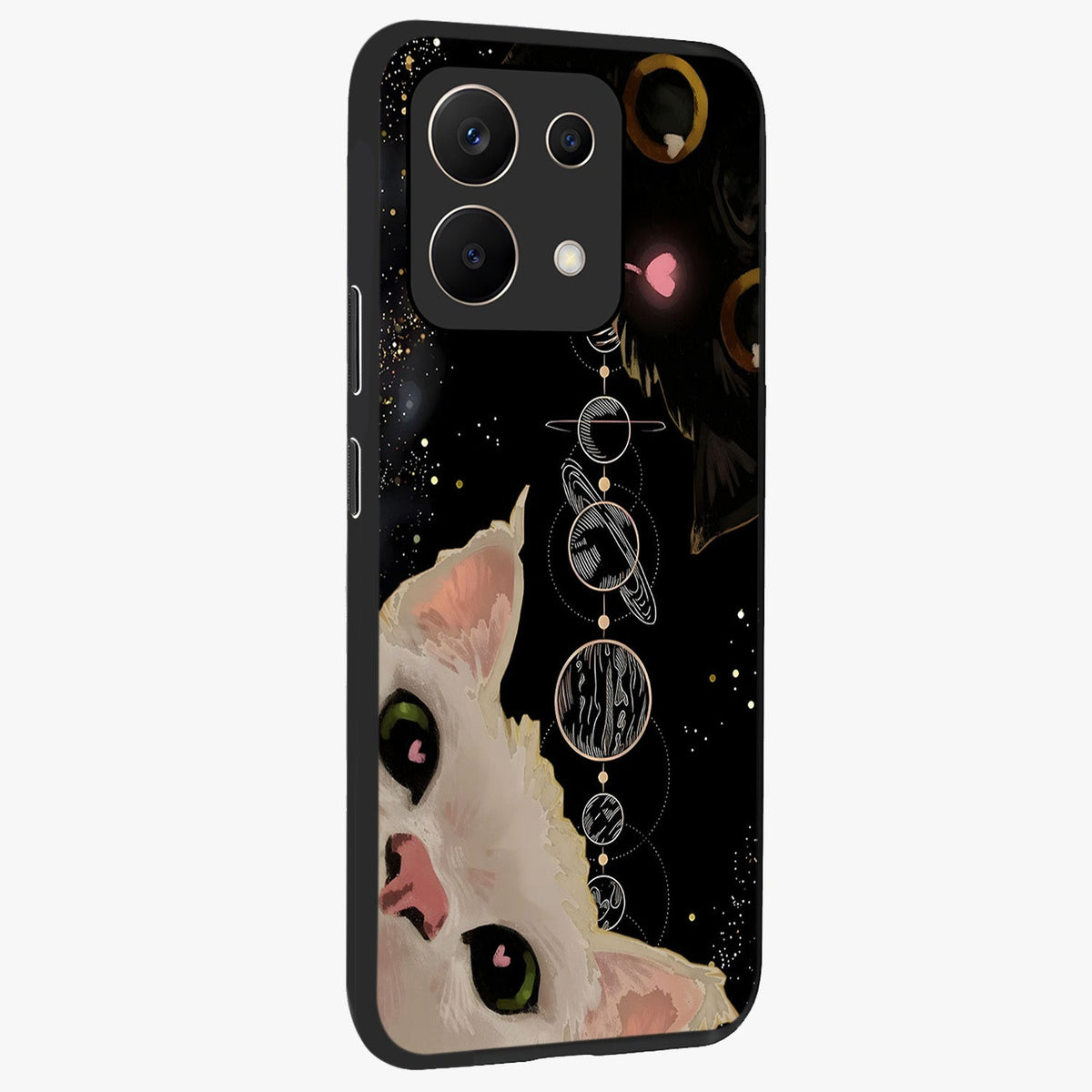 Galactic Cat Glass Case upright view showcasing mystical cat artwork with dreamy cosmic theme.