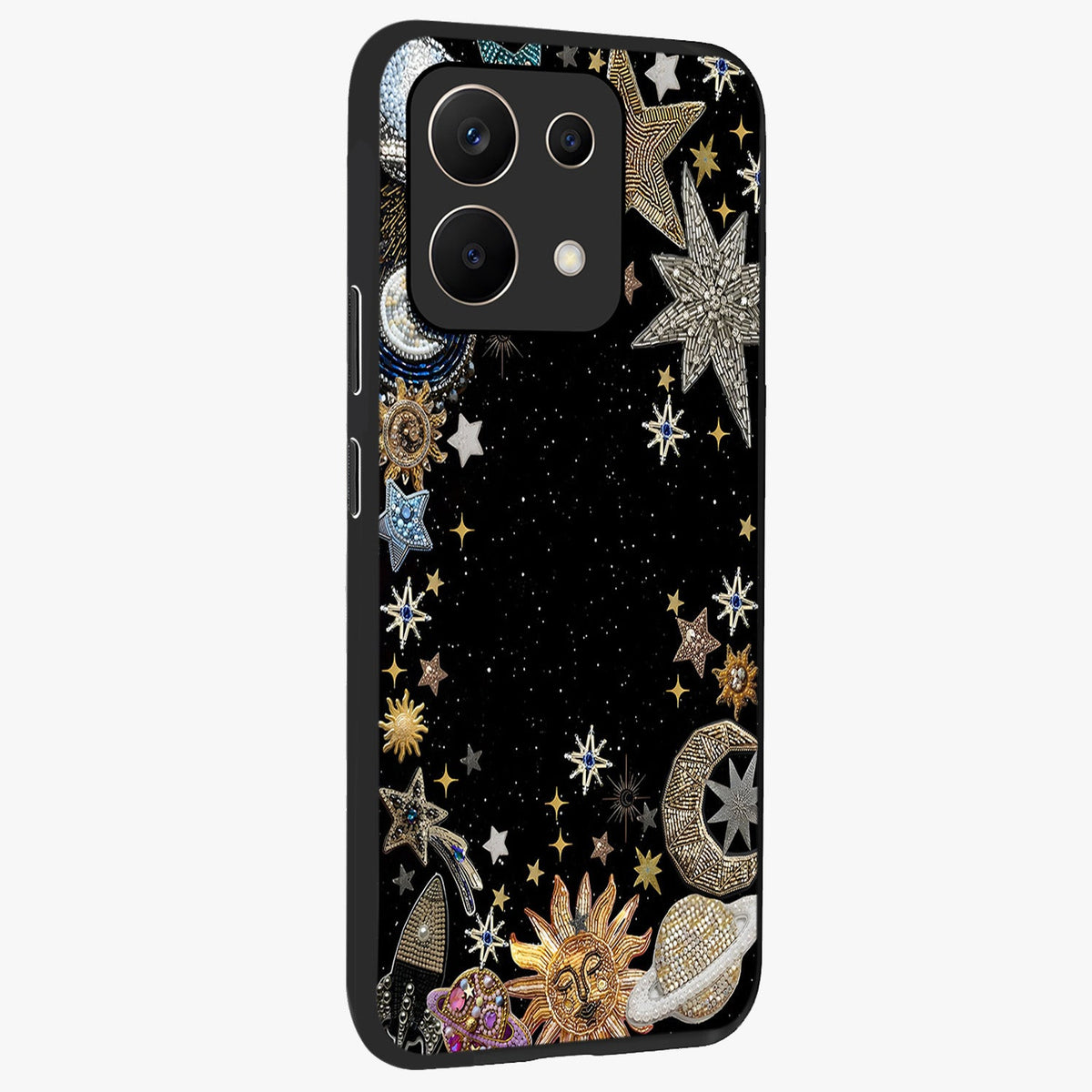 Galactic Jewel Stars Glass Case upright view showcasing glittering star jewel artwork with vibrant galaxy theme.