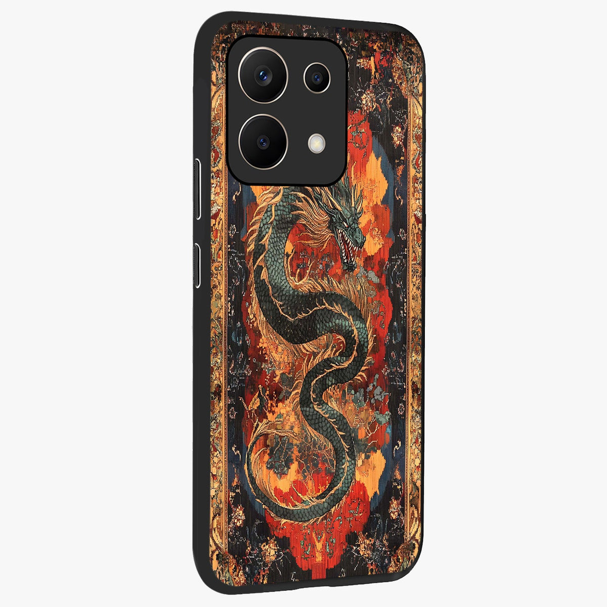 Inferno Dragon Soul Glass Case upright view showcasing intense dragon artwork with fantasy fire theme.