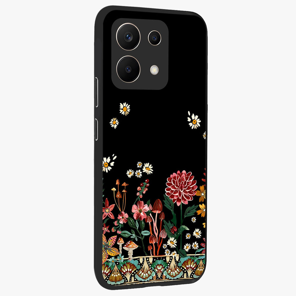 Midnight Bloom Pattern Glass Case upright view showcasing decorative floral artwork with deep night themed palette.