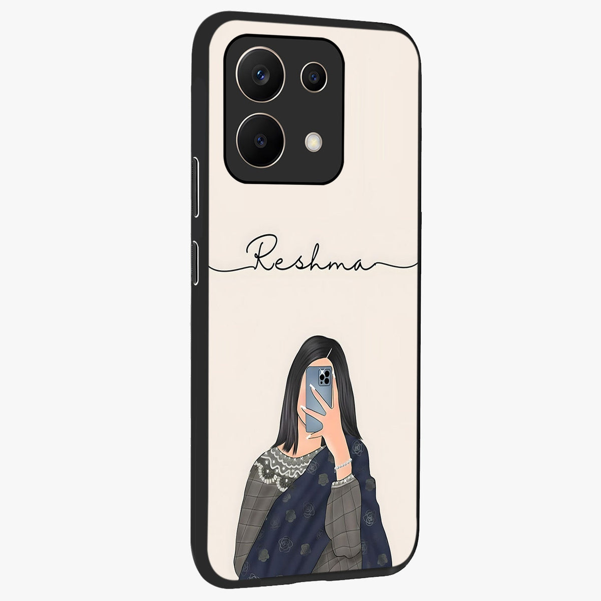 Mirror Mood Muse With Custom Name Glass Case upright view showcasing artistic mirror themed artwork with personalized aesthetic.