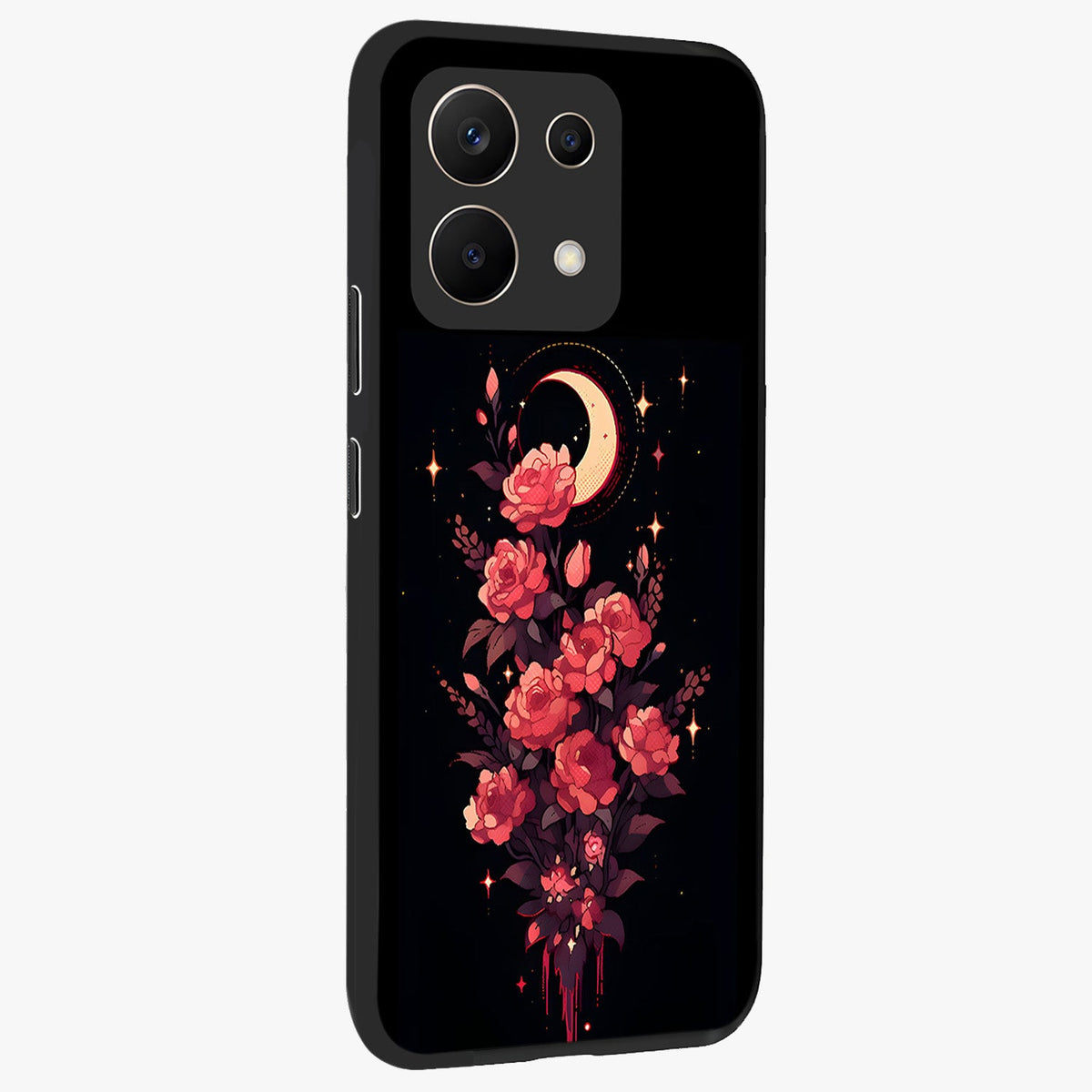Moonlit Floral Elegance Glass Case upright view showcasing delicate floral artwork with refined night inspired theme.