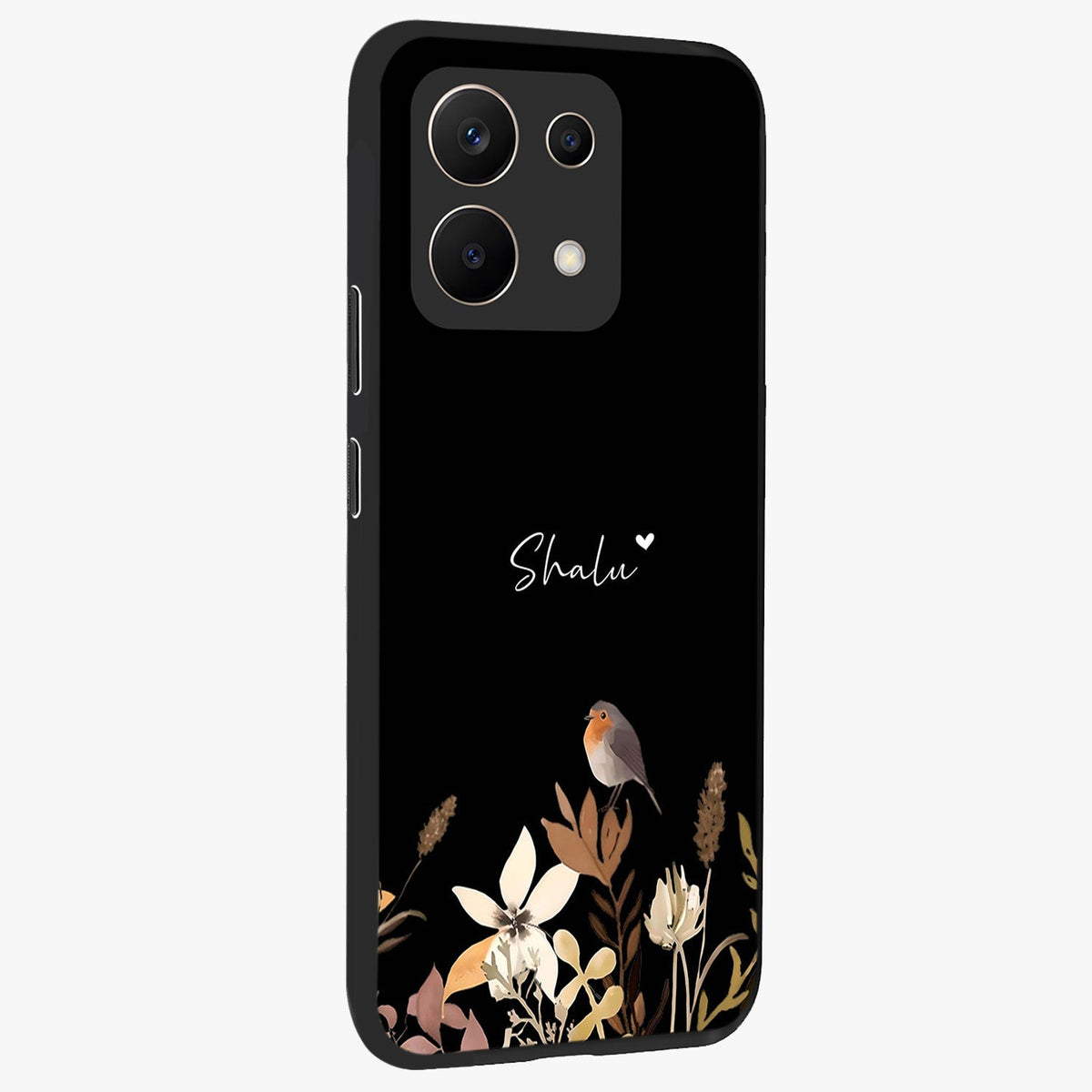 Quiet Garden Tune Custom Name Glass Case upright view showcasing serene botanical artwork with personalized aesthetic.