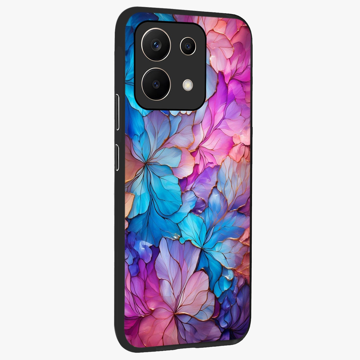 Radiant Floral Whirl Glass Case upright view showcasing lively floral artwork with decorative swirl theme.