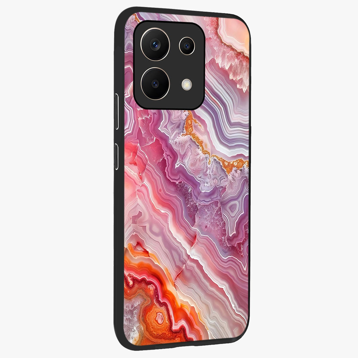 Rose Quartz Marble Glass Case upright view showcasing decorative marble artwork with luxurious pastel theme.