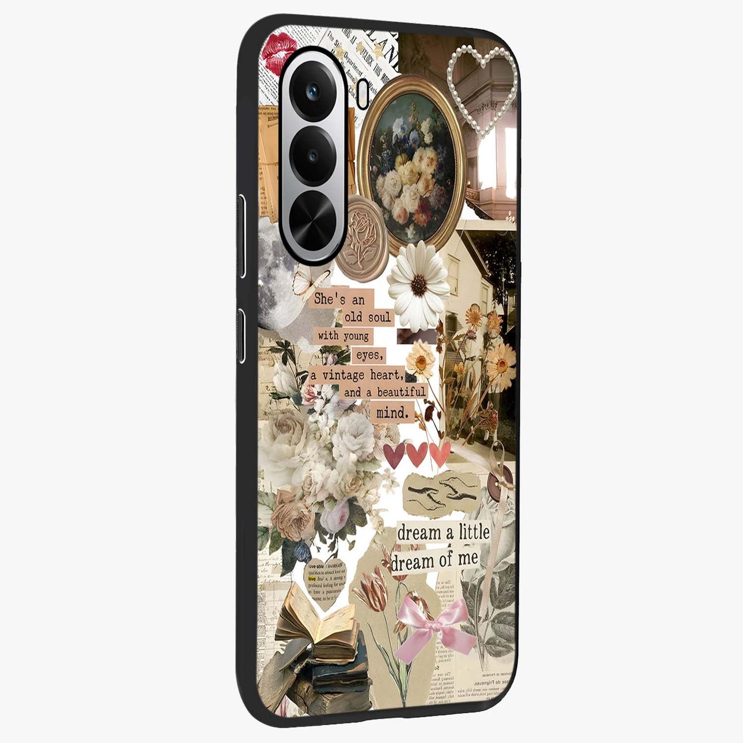 Aesthetic Brown Vintage Collage Glass Case upright view showcasing nostalgic retro artwork with stylish vintage theme.