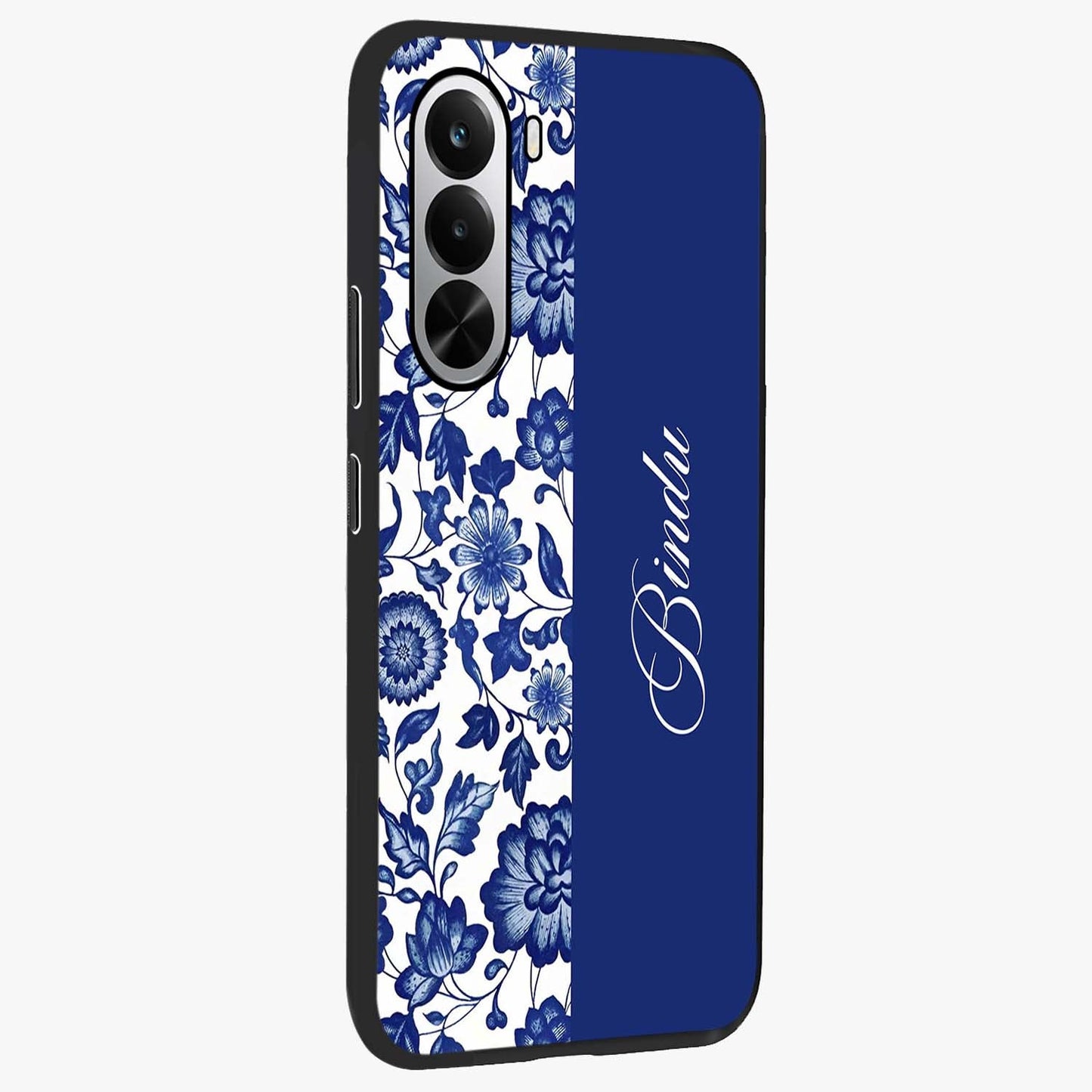 Blue Vintage Floral Pattern Glass Case upright view showcasing delicate blush floral texture with modern minimal style.