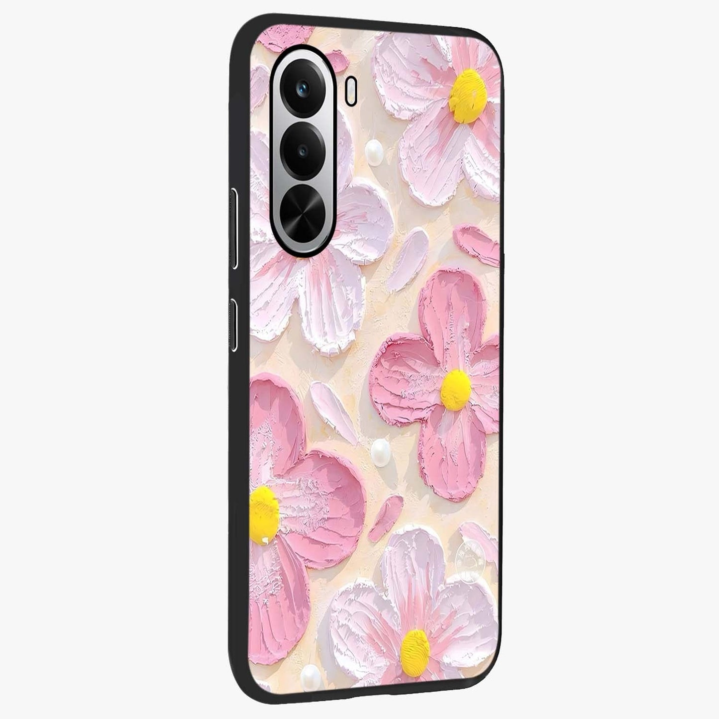 Blush Bloom Texture Glass Case upright view showcasing delicate blush floral texture with modern minimal style.