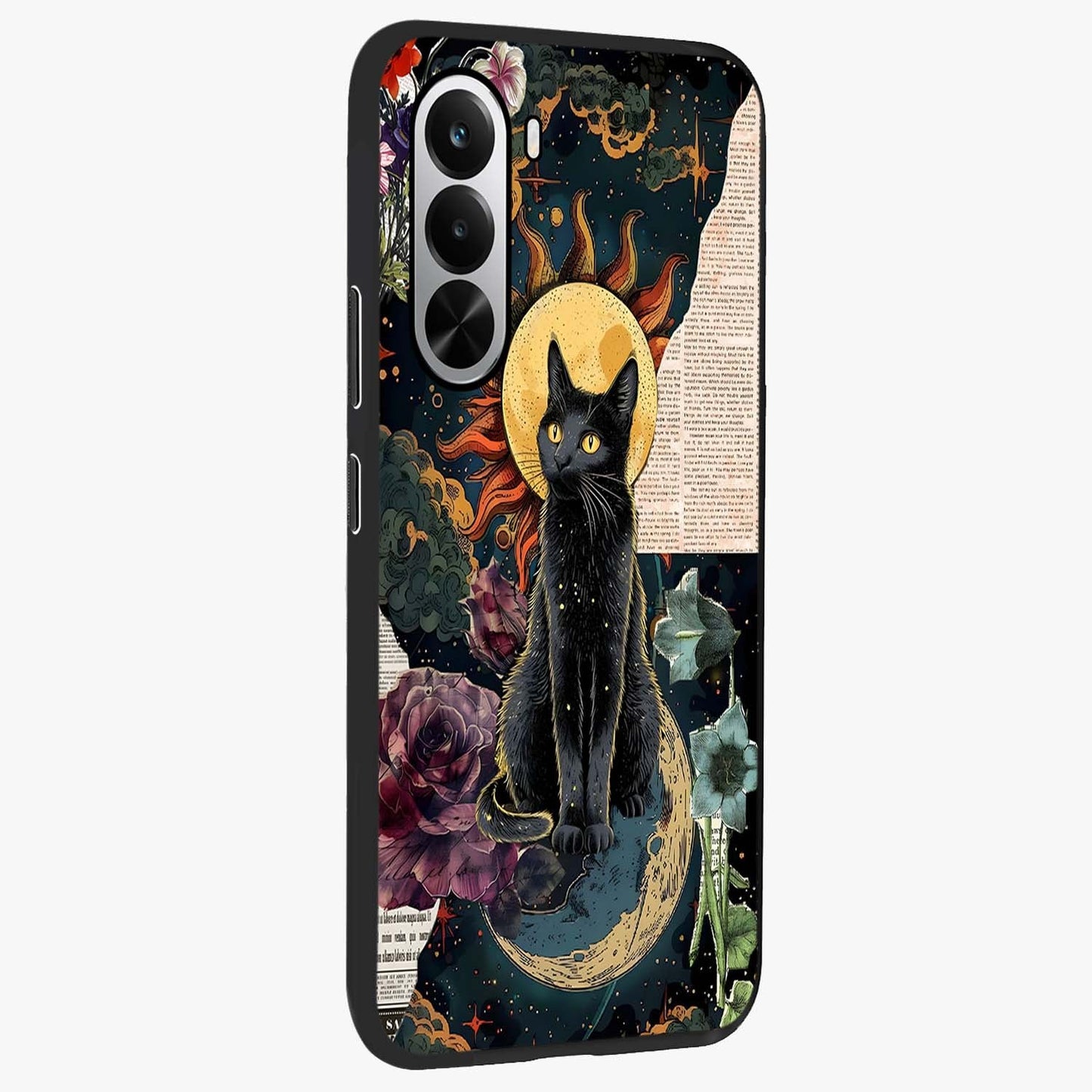 Celestial Black Cat Glass Case upright view showcasing magical black cat illustration with starry cosmic theme.