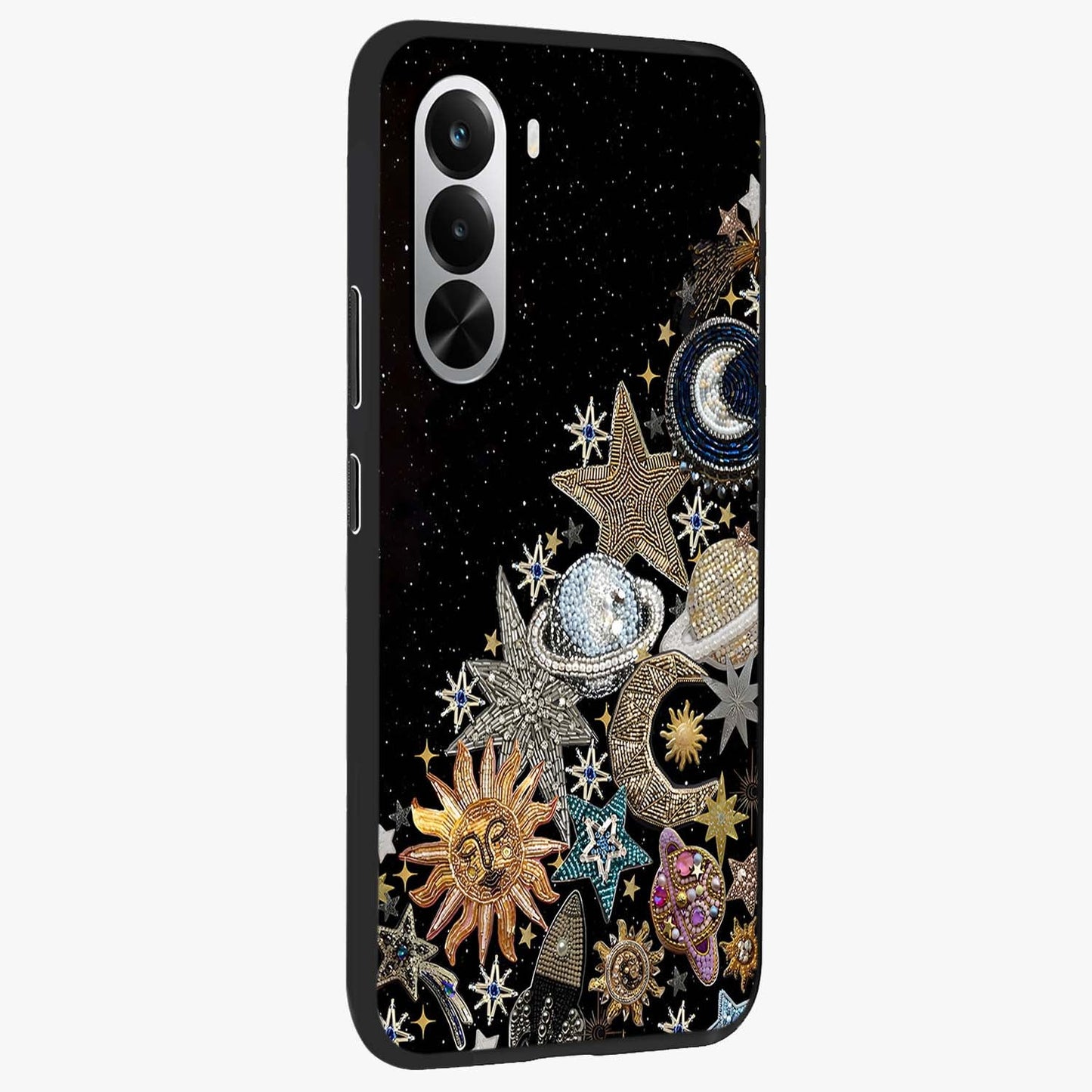 Cosmic Sparkle Dreams Glass Case upright view showcasing glowing cosmic artwork with magical galaxy theme.