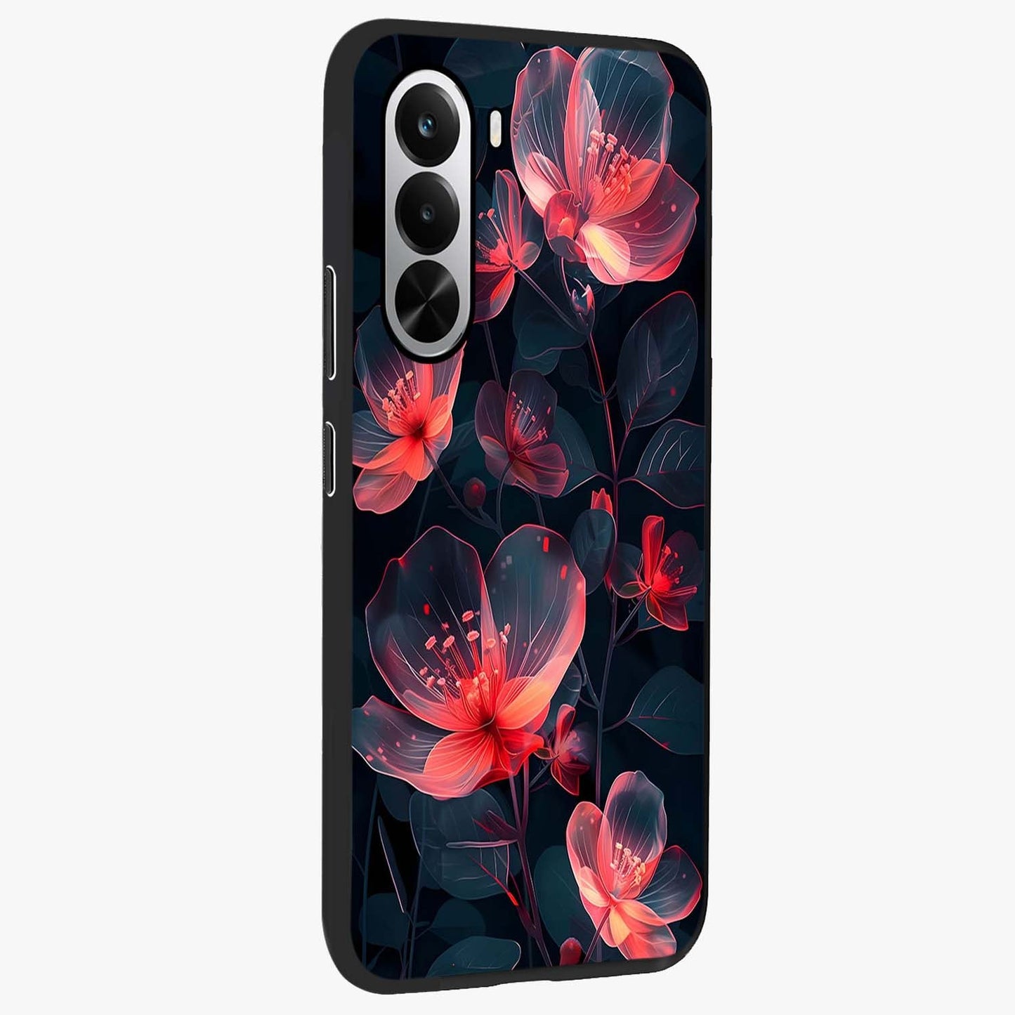 Dark Shade of Flower Glass Case upright view showcasing delicate flower artwork with rich dark floral theme.