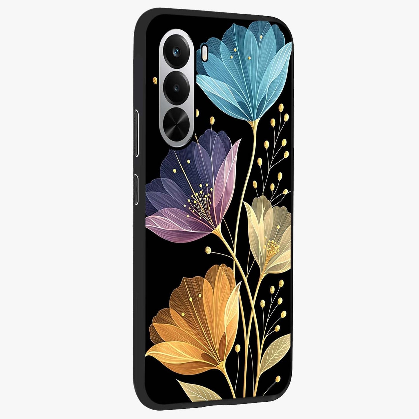 Delicate Multicolor Flowers Glass Case upright view showcasing delicate floral artwork with bright botanical theme.