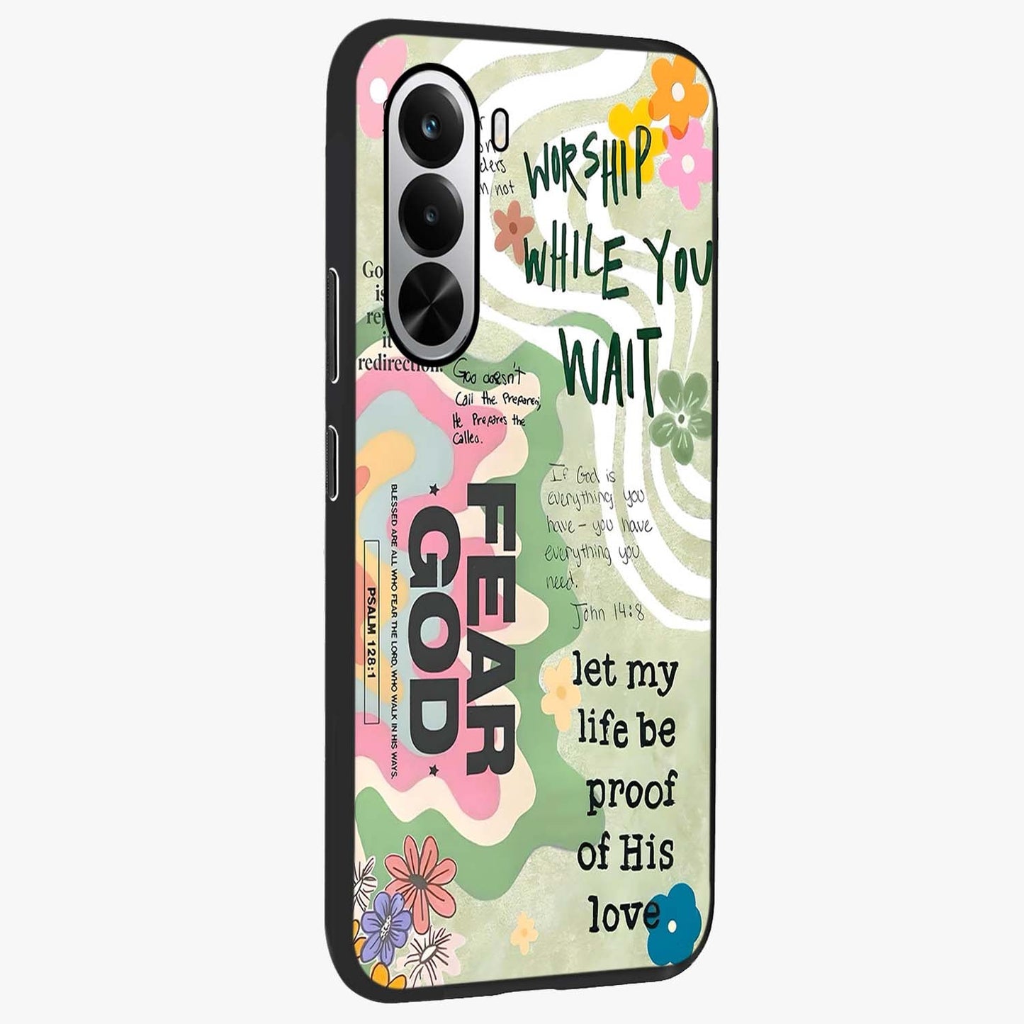 Faith Over Fear Glass Case upright view showcasing bold typography artwork with uplifting motivational theme.