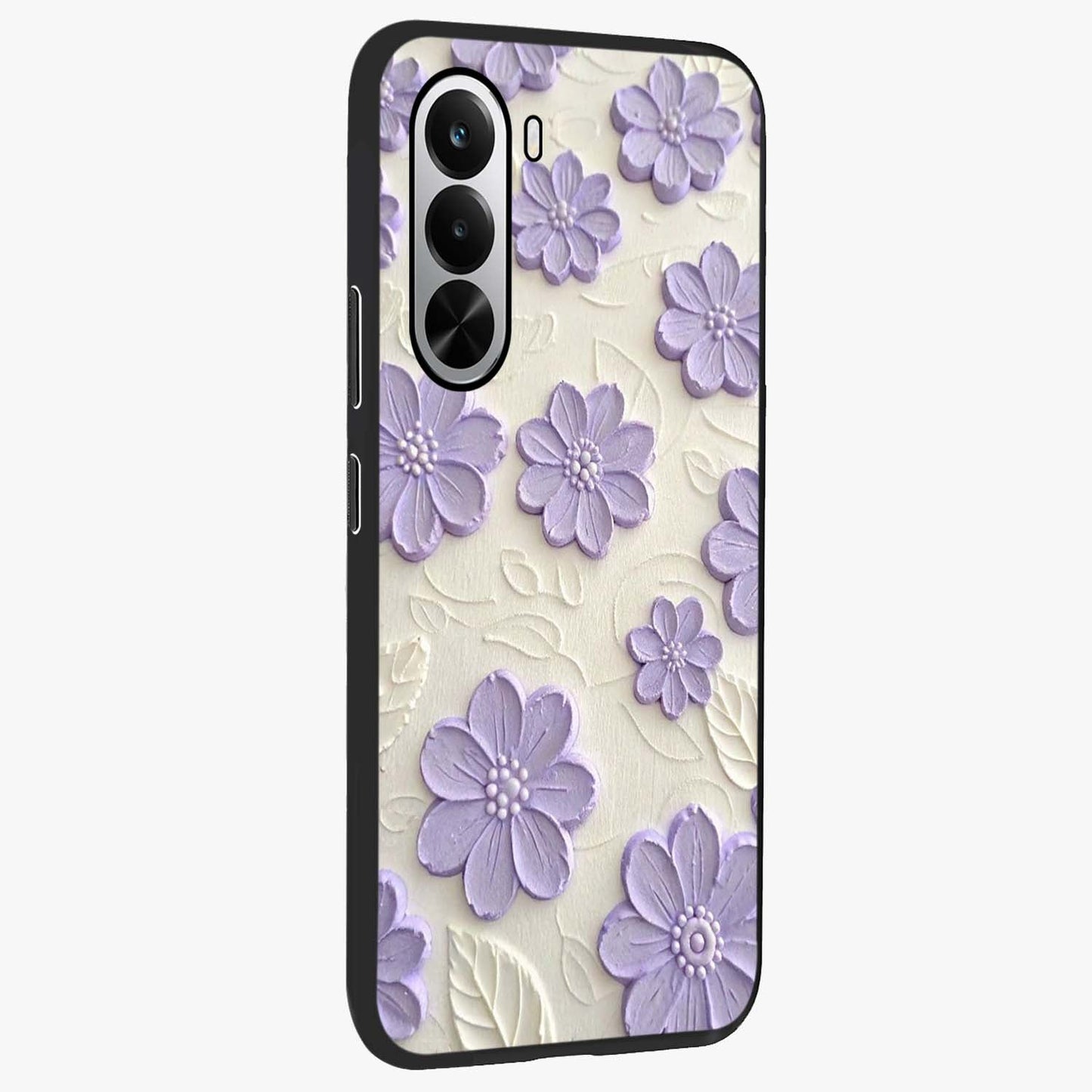 Floral Wall Art With Purple Flowers Glass Case upright view showcasing elegant purple flower artwork with decorative floral theme.