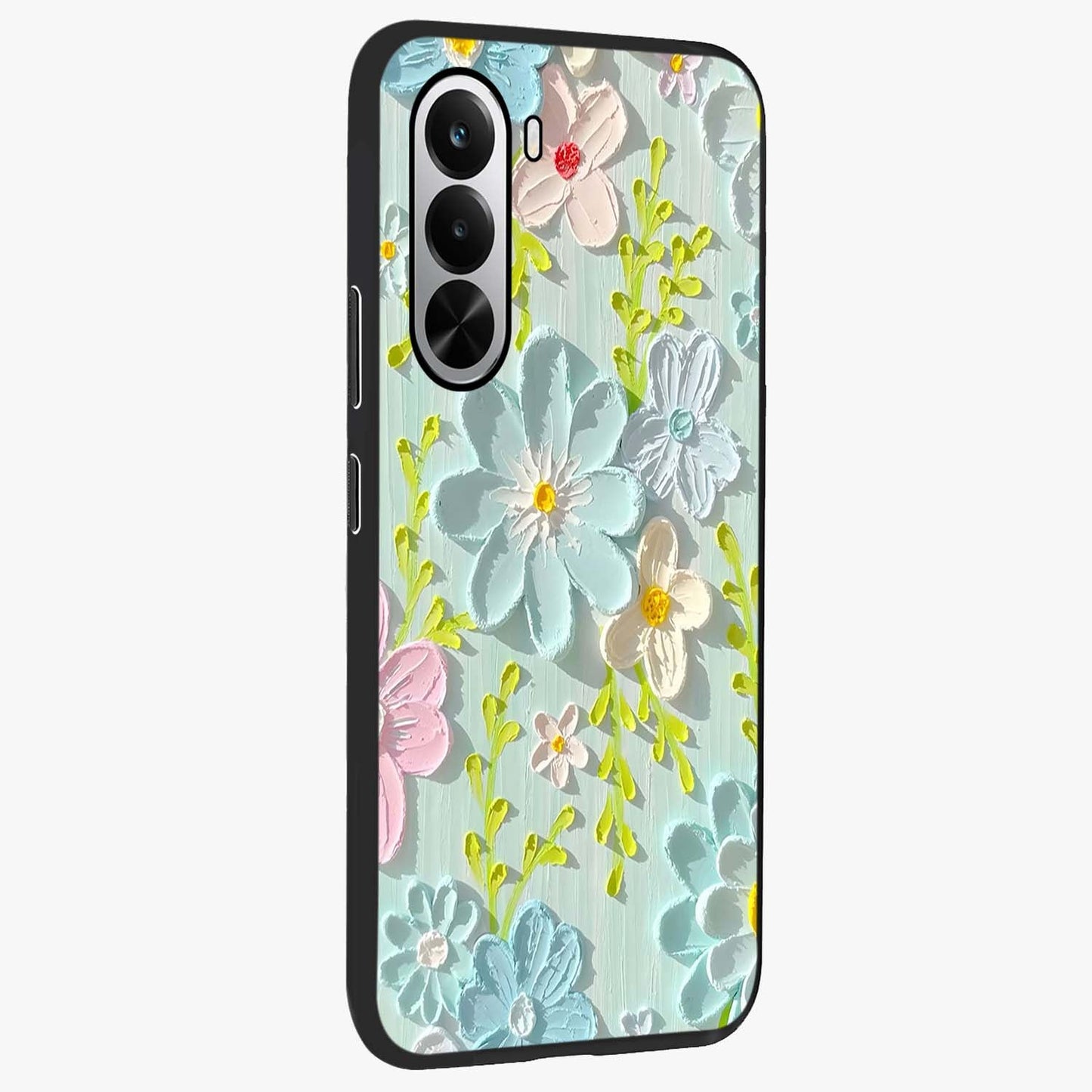 Frosted Petal Garden Glass Case upright view showcasing elegant floral garden artwork with soothing pastel theme.
