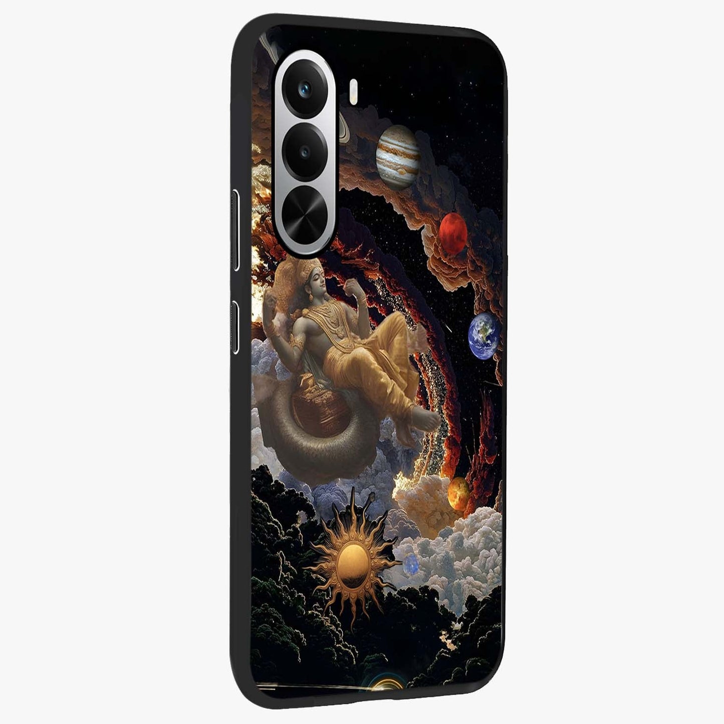 Galactic Divine God Glass Case upright view showcasing mystical divine artwork with dramatic cosmic theme.