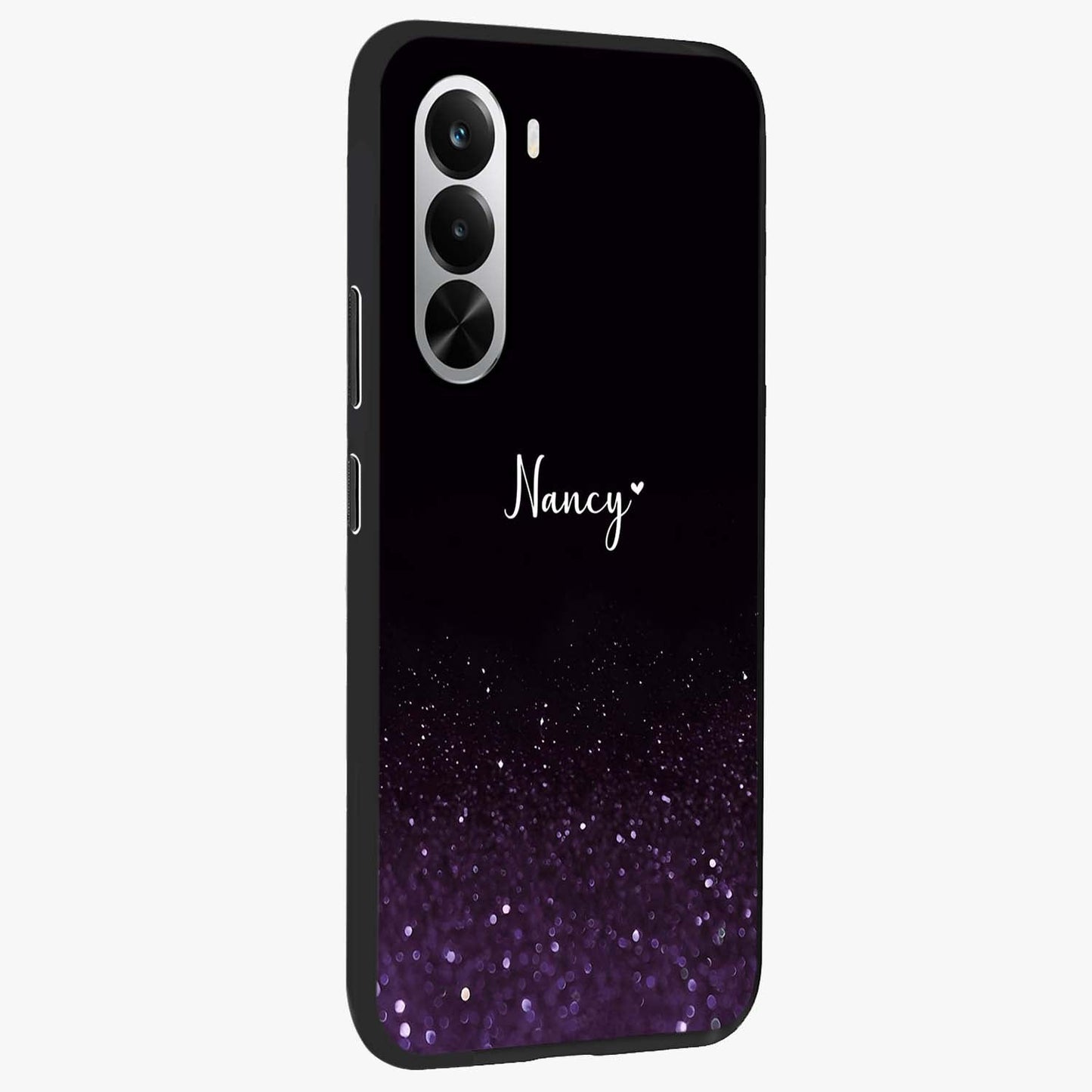 Glittery Purple Bokeh Custom Name Glass Case upright view showcasing vibrant purple sparkle artwork with personalized aesthetic style.