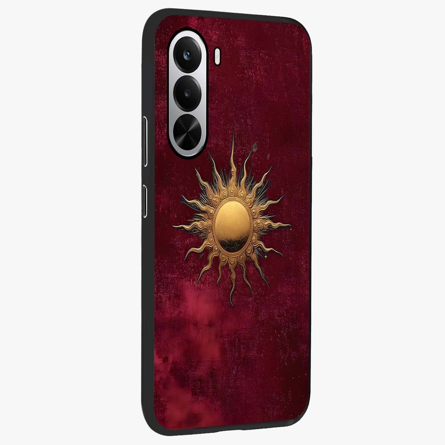 Golden Sun Minimalism Glass Case upright view showcasing simple golden sun artwork with elegant minimalist style.