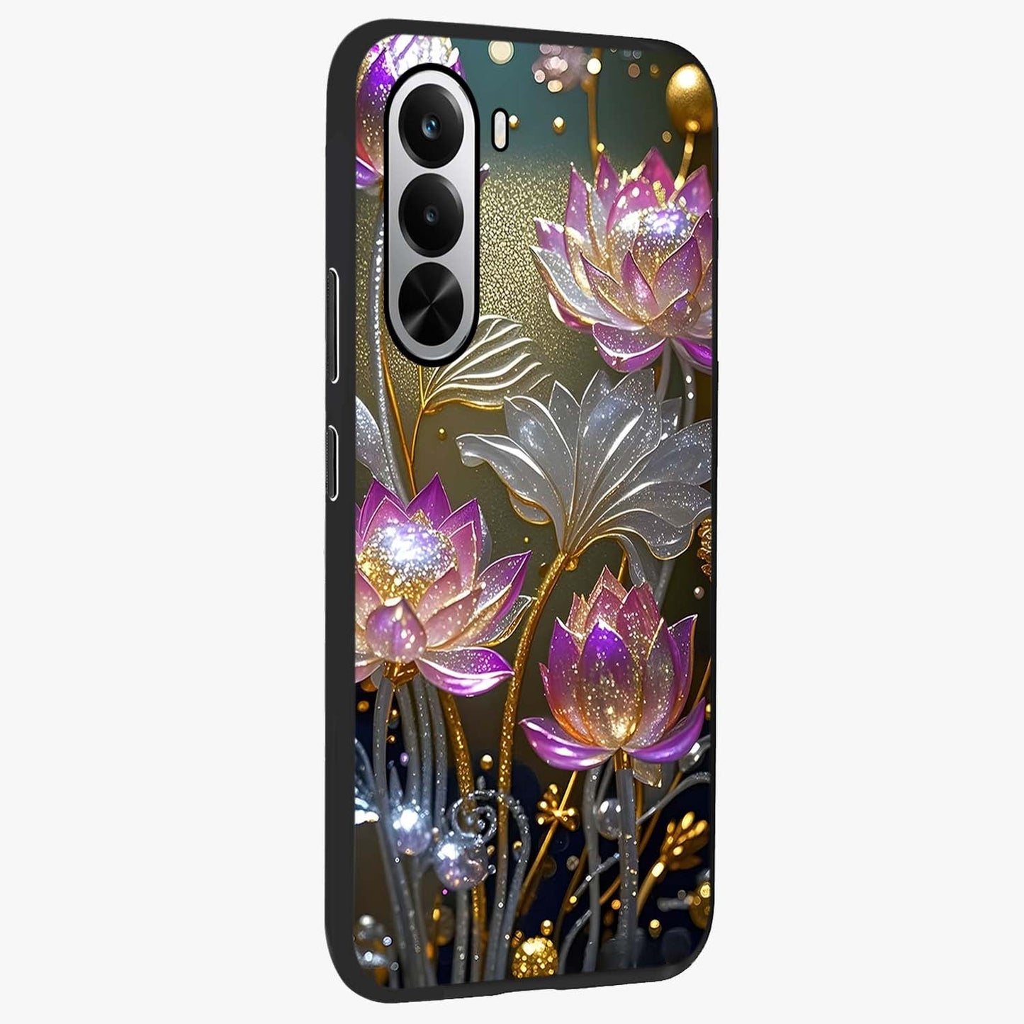 Golden Floral Majesty Glass Case upright view showcasing majestic floral artwork with rich decorative theme.