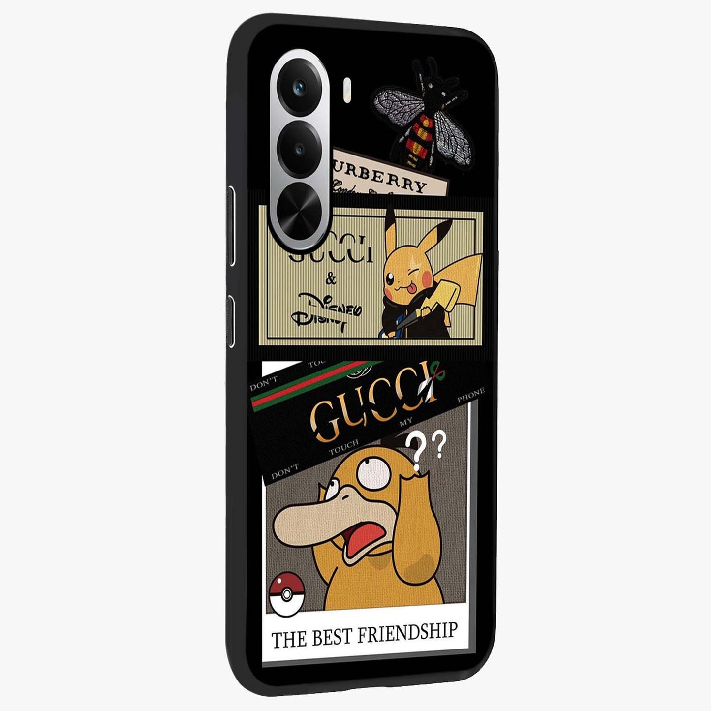 Gucci Play Mashup Glass Case upright view showcasing trendy luxury inspired artwork with modern fashion theme.
