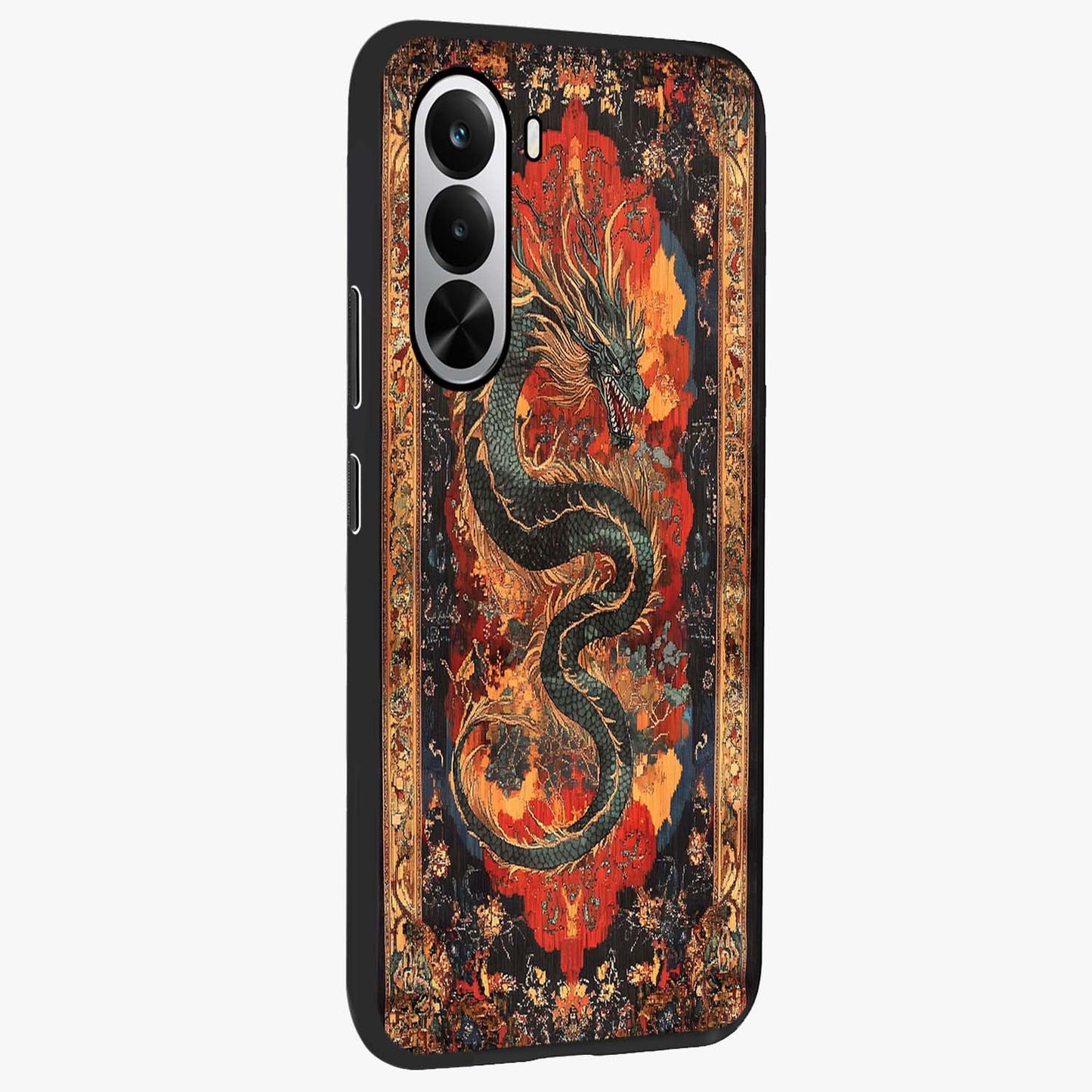 Inferno Dragon Soul Glass Case upright view showcasing intense dragon artwork with fantasy fire theme.