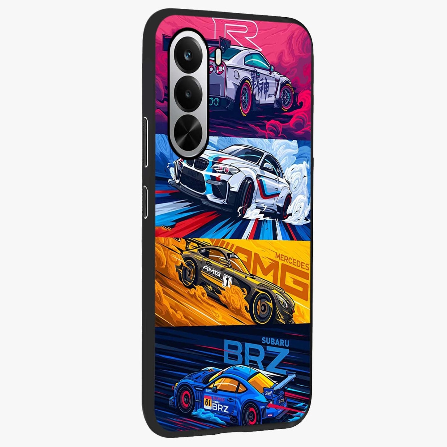 JDM Sports Car Glass Case upright view showcasing dynamic sports car artwork with bold racing theme.