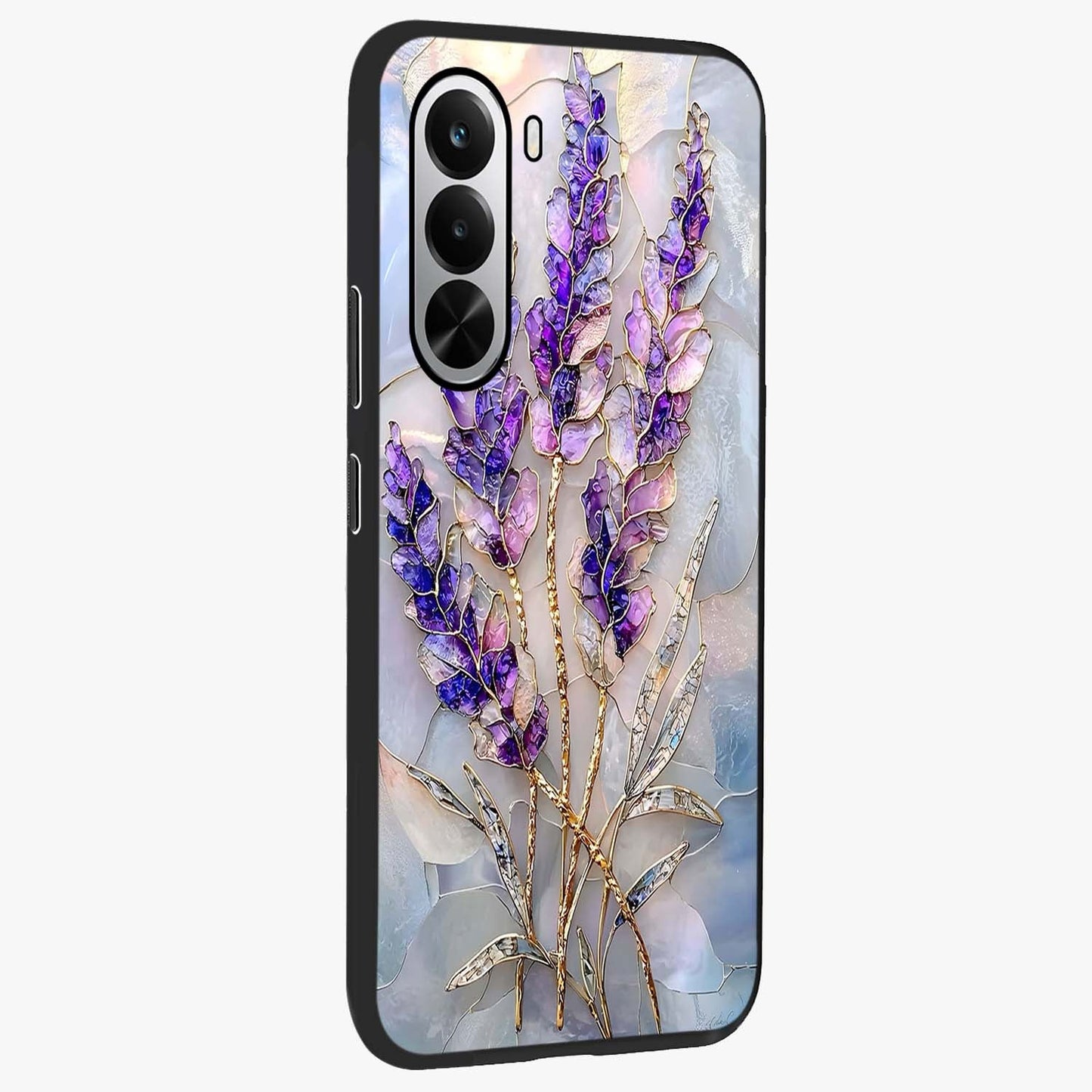 Lavender Dream Glow Glass Case upright view showcasing radiant lavender glow artwork with calming dreamy theme.