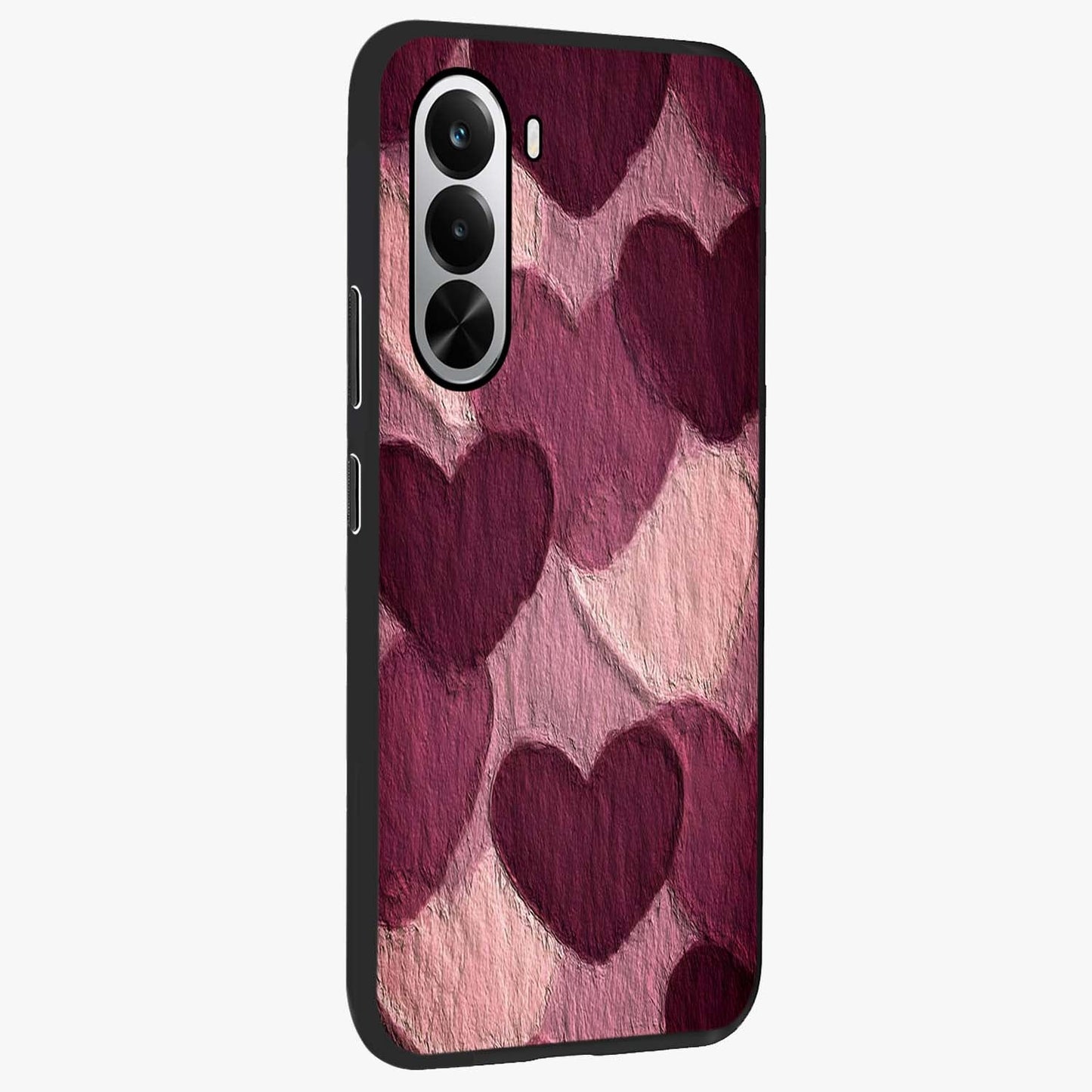 Layered Paper Hearts Glass Case upright view showcasing decorative layered heart artwork with sweet love theme.