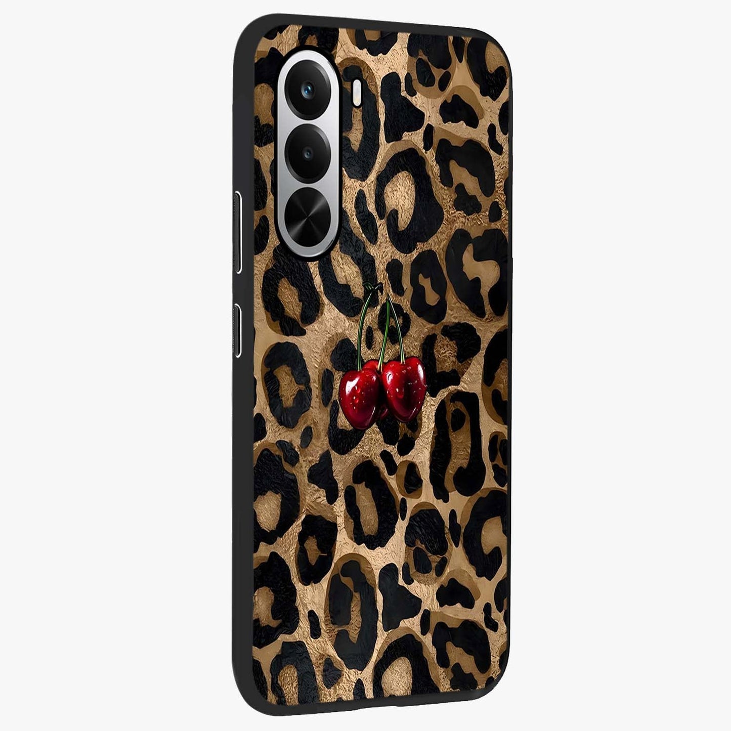 Leopard Wild Cherry Glass Case upright view showcasing stylish leopard pattern artwork with trendy fashion theme.