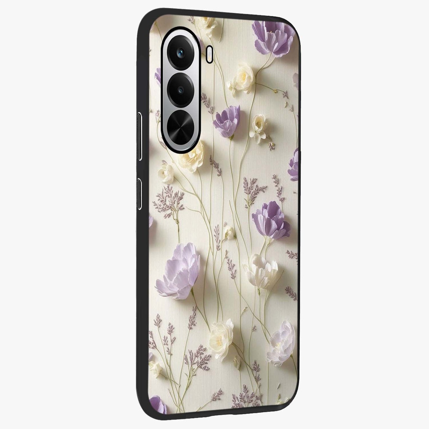 Lilac Breeze Harmony Glass Case upright view showcasing delicate lilac artwork with peaceful floral theme.