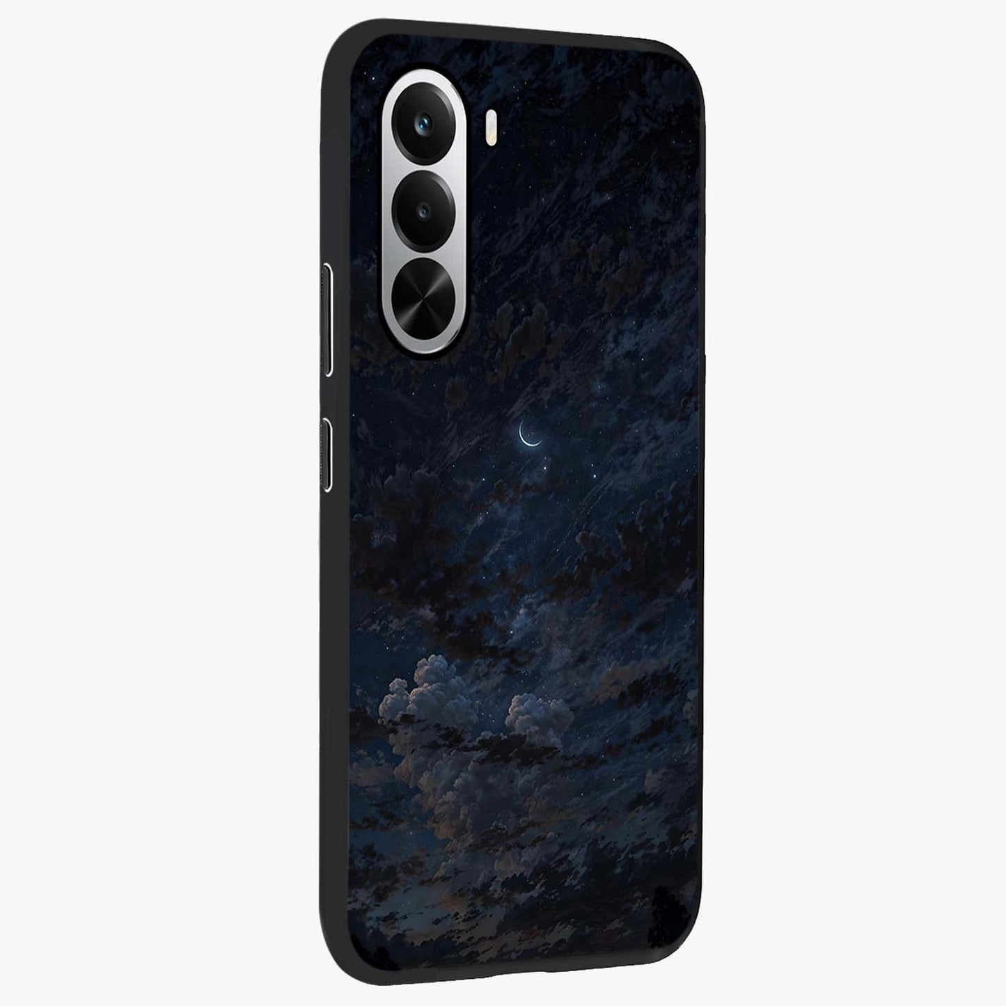Lunar Veil Silence Glass Case upright view showcasing calm moon themed artwork with serene night atmosphere.
