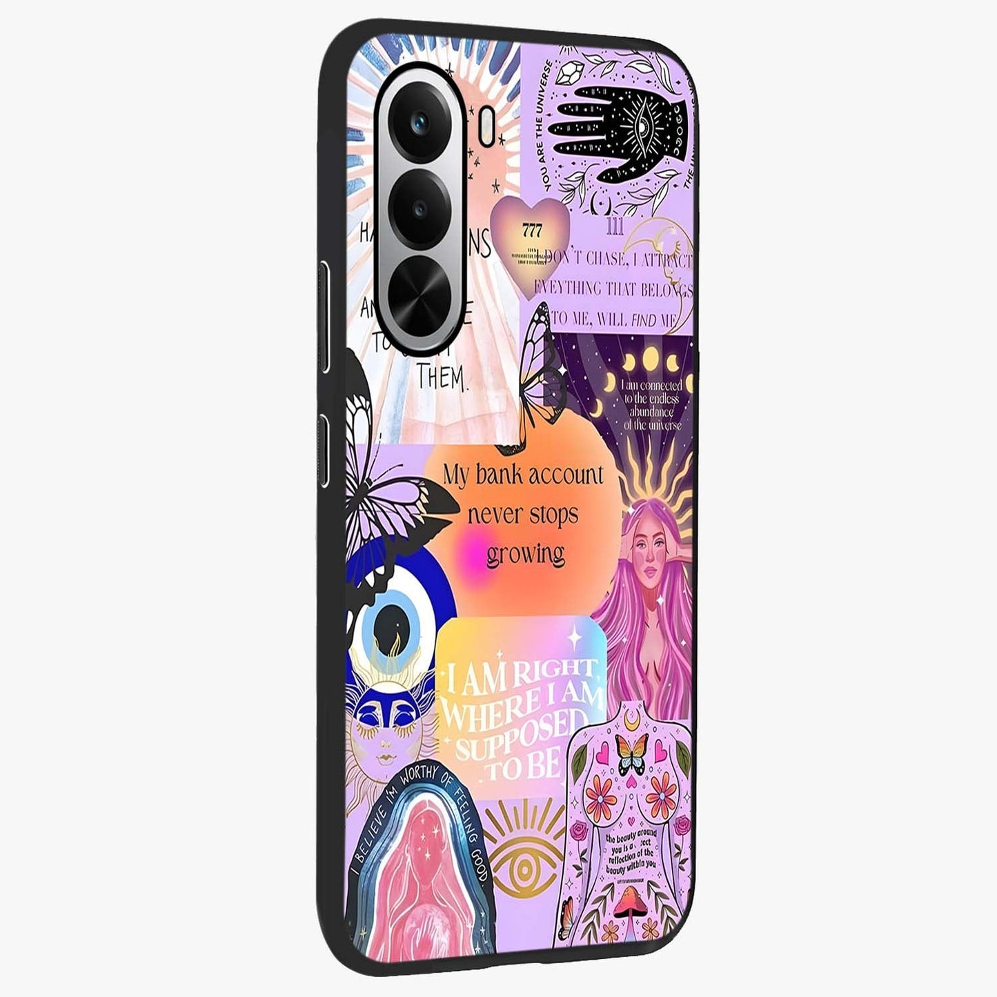 Manifestation Collage Glass Case upright view showcasing artistic manifestation themed artwork with creative style.