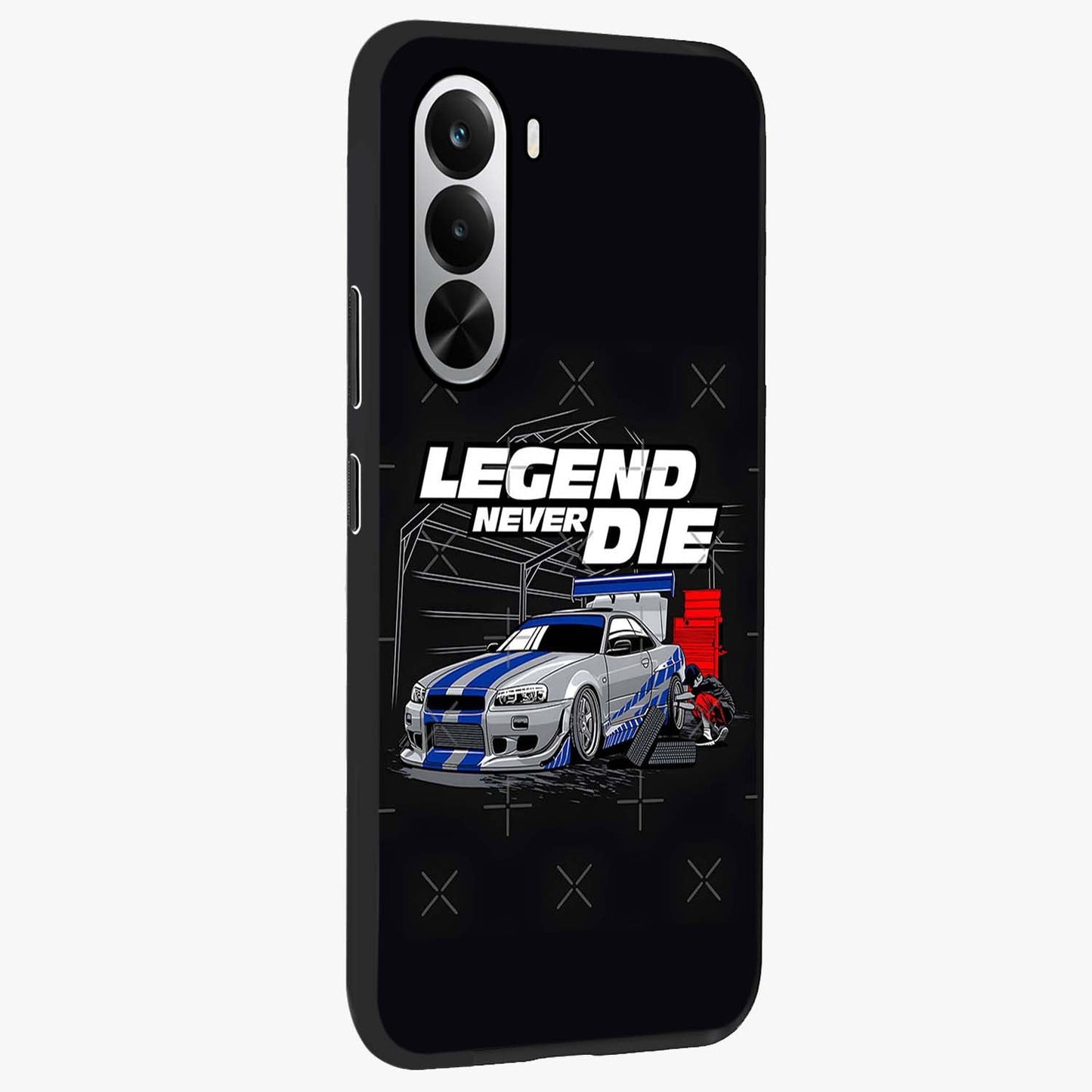 Midnight Racing Legacy Glass Case upright view showcasing powerful racing artwork with modern sports theme.