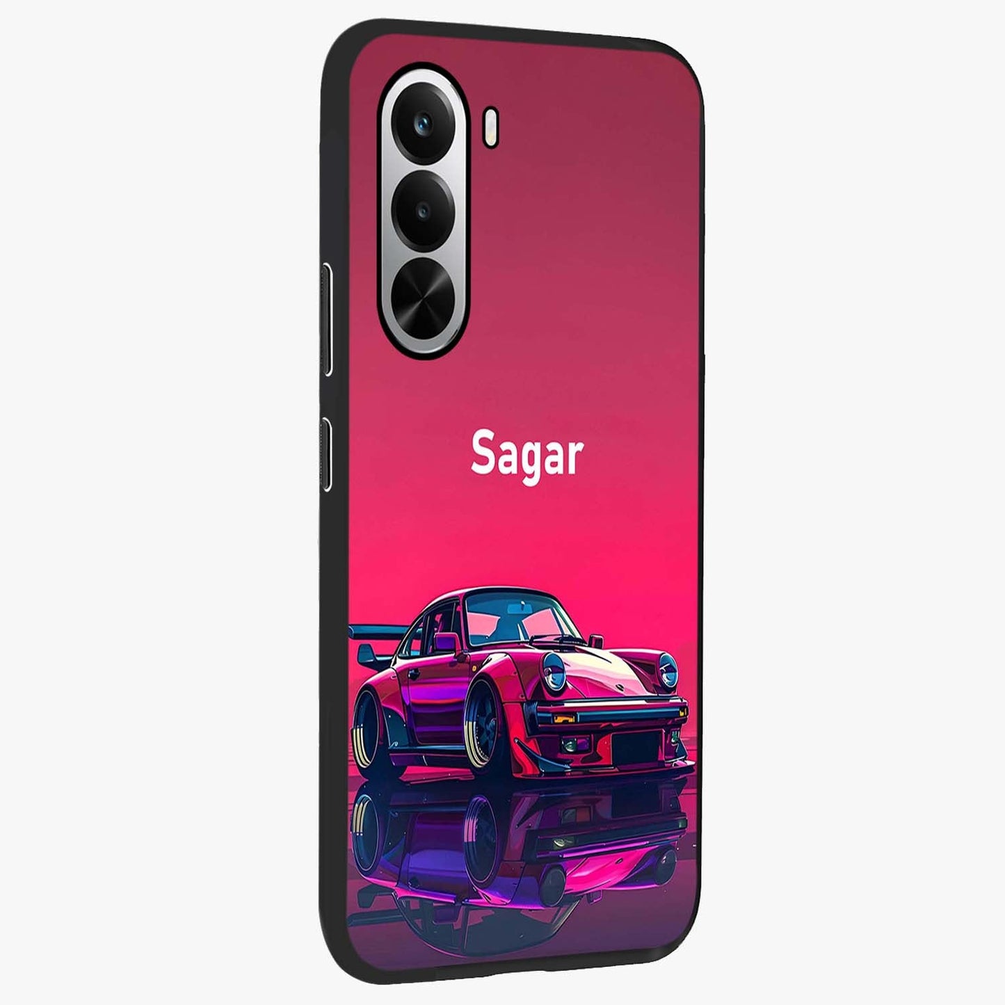 Neon Pink Porsche Glass Case upright view showcasing vibrant sports car artwork with bold automotive theme.