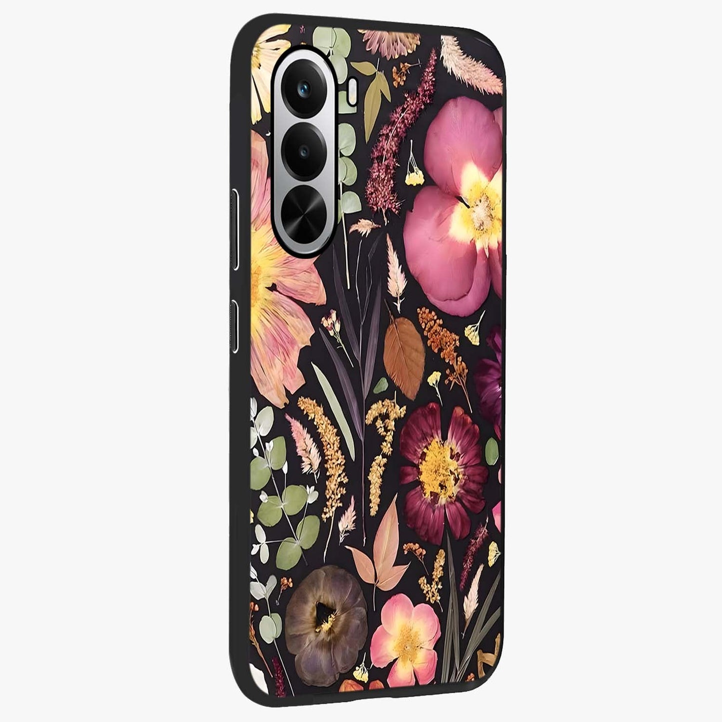 Petal Dream Tapestry Glass Case upright view showcasing detailed floral tapestry artwork with artistic nature theme.