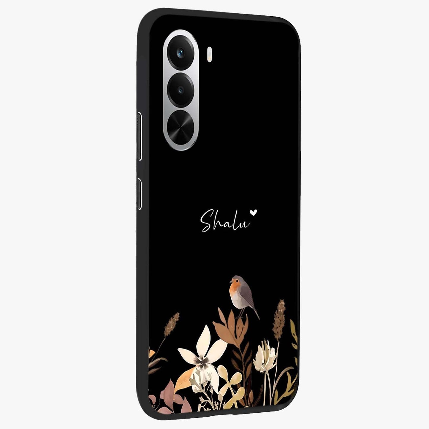 Quiet Garden Tune Custom Name Glass Case upright view showcasing serene botanical artwork with personalized aesthetic.