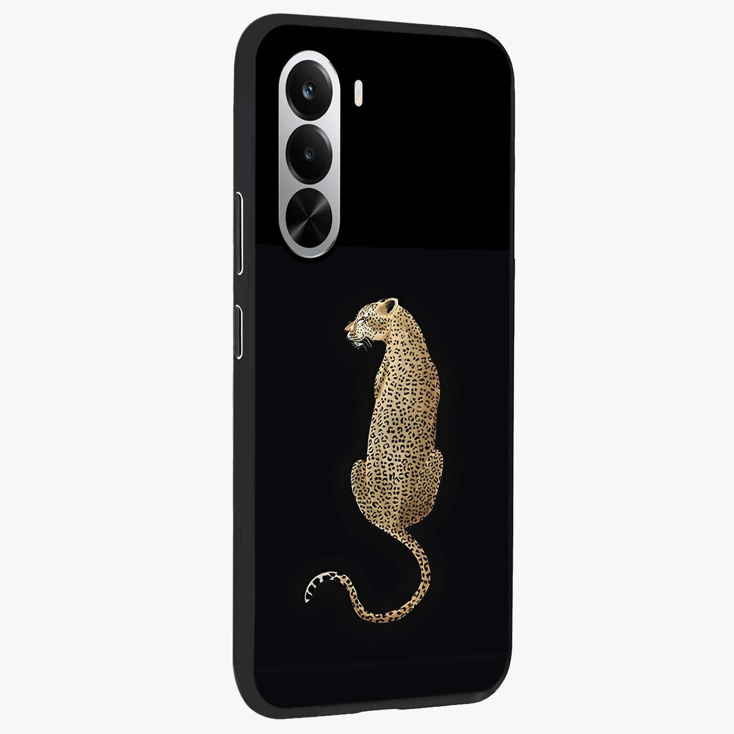 Regal Leopard Glass Case upright view showcasing striking leopard artwork with fierce wildlife theme.