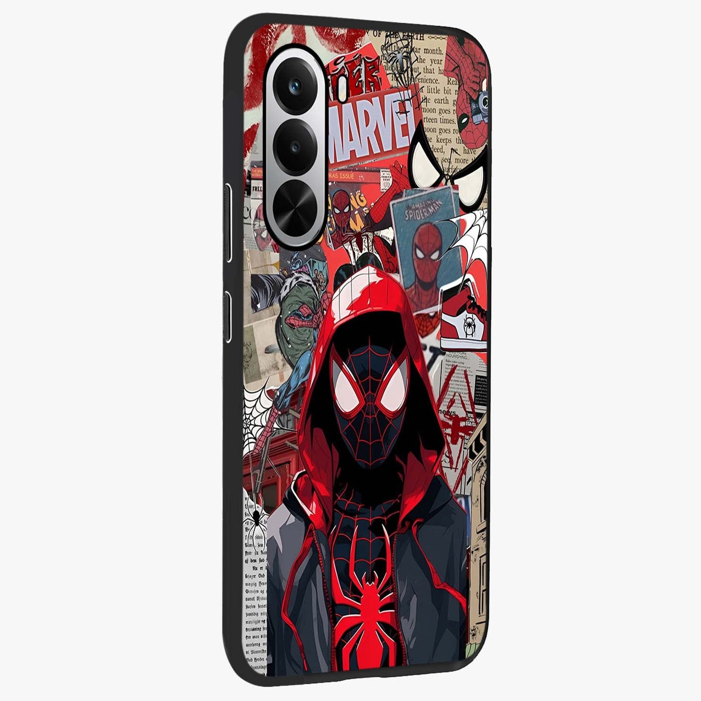 Spider Collage Street Glass Case upright view showcasing bold superhero artwork with urban street theme.
