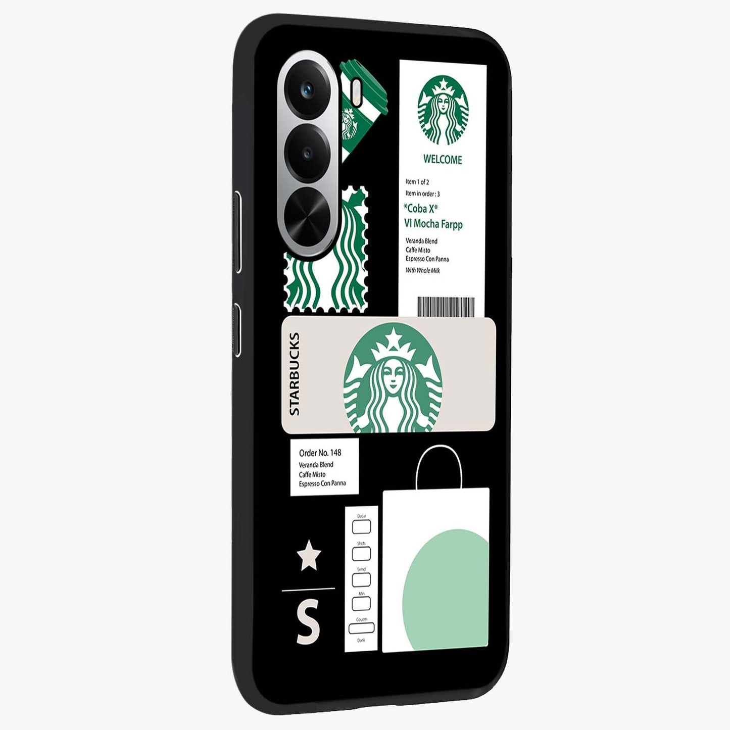 Starbucks Mocha Glass Case upright view showcasing trendy coffee inspired artwork with modern lifestyle theme.