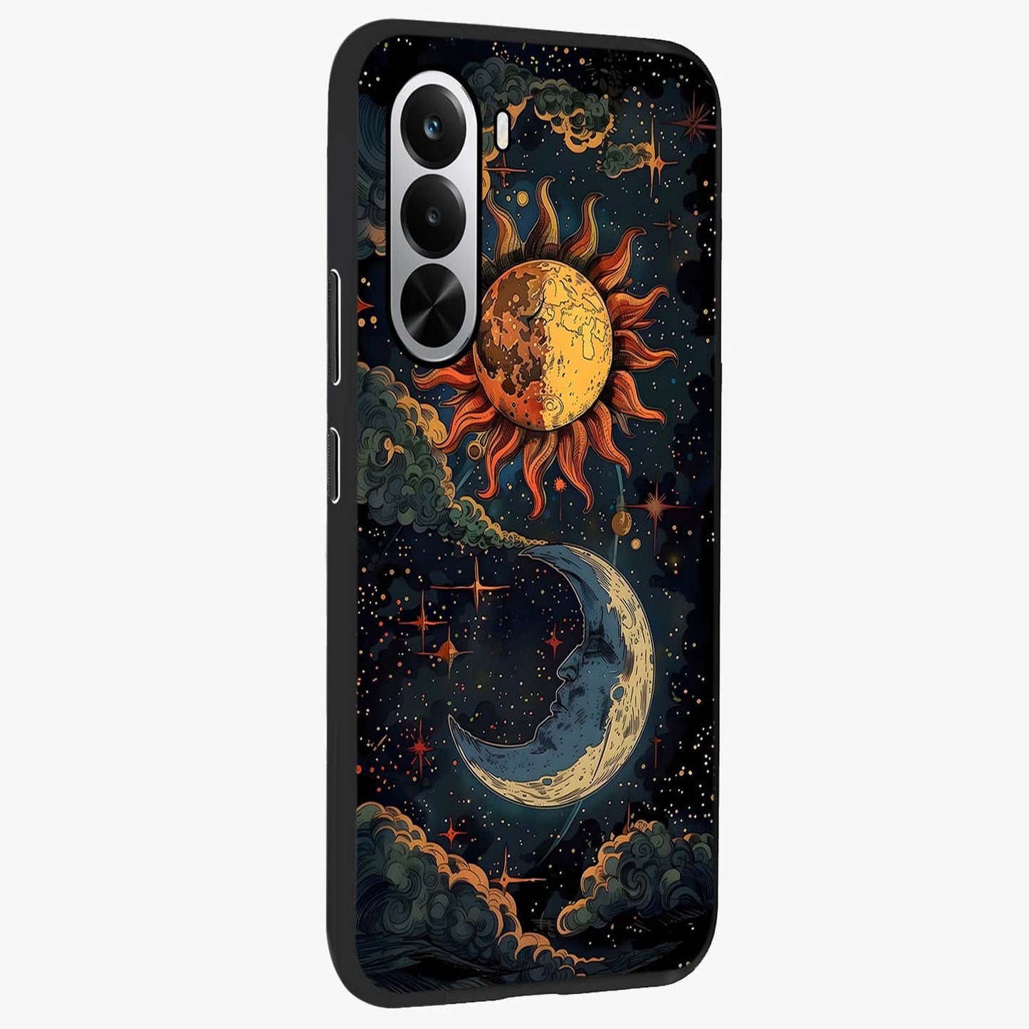 Sun And Moon Magic Design Glass Case upright view showcasing decorative sun and moon artwork with spiritual celestial theme.