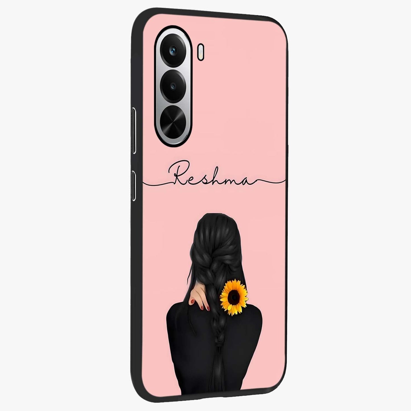 Sunflower Braid Beauty With Custom Name Glass Case upright view showcasing bright sunflower artwork with personalized floral aesthetic.