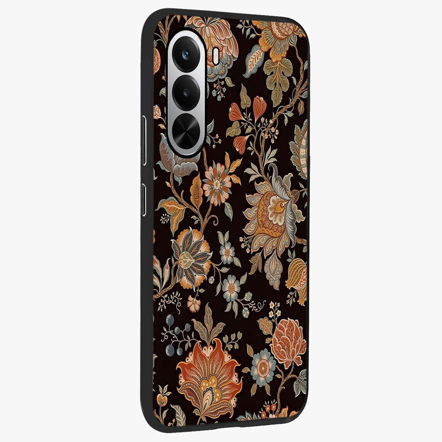 Vintage Floral Dream Glass Case upright view showcasing delicate floral artwork with timeless vintage theme.