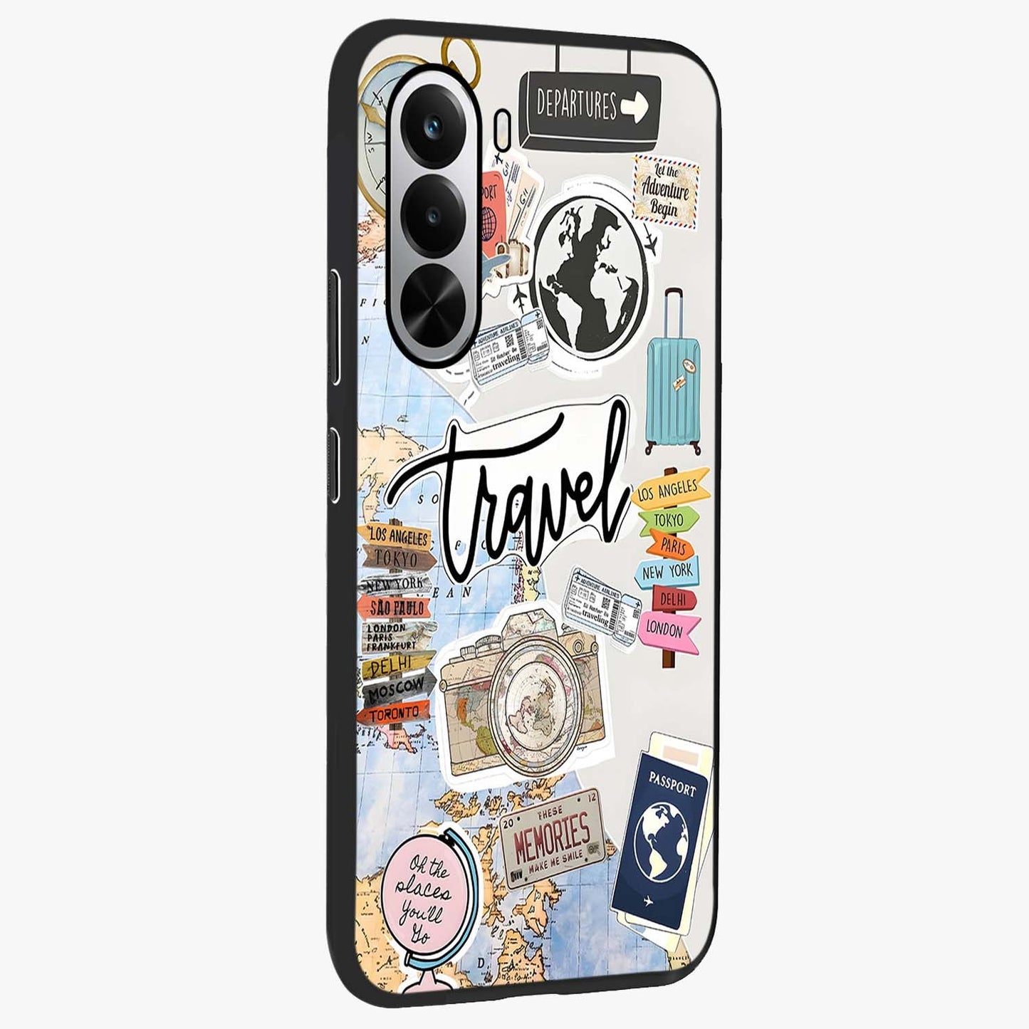 Wanderlust Journal Glass Case upright view showcasing wanderlust inspired artwork with creative exploration theme.