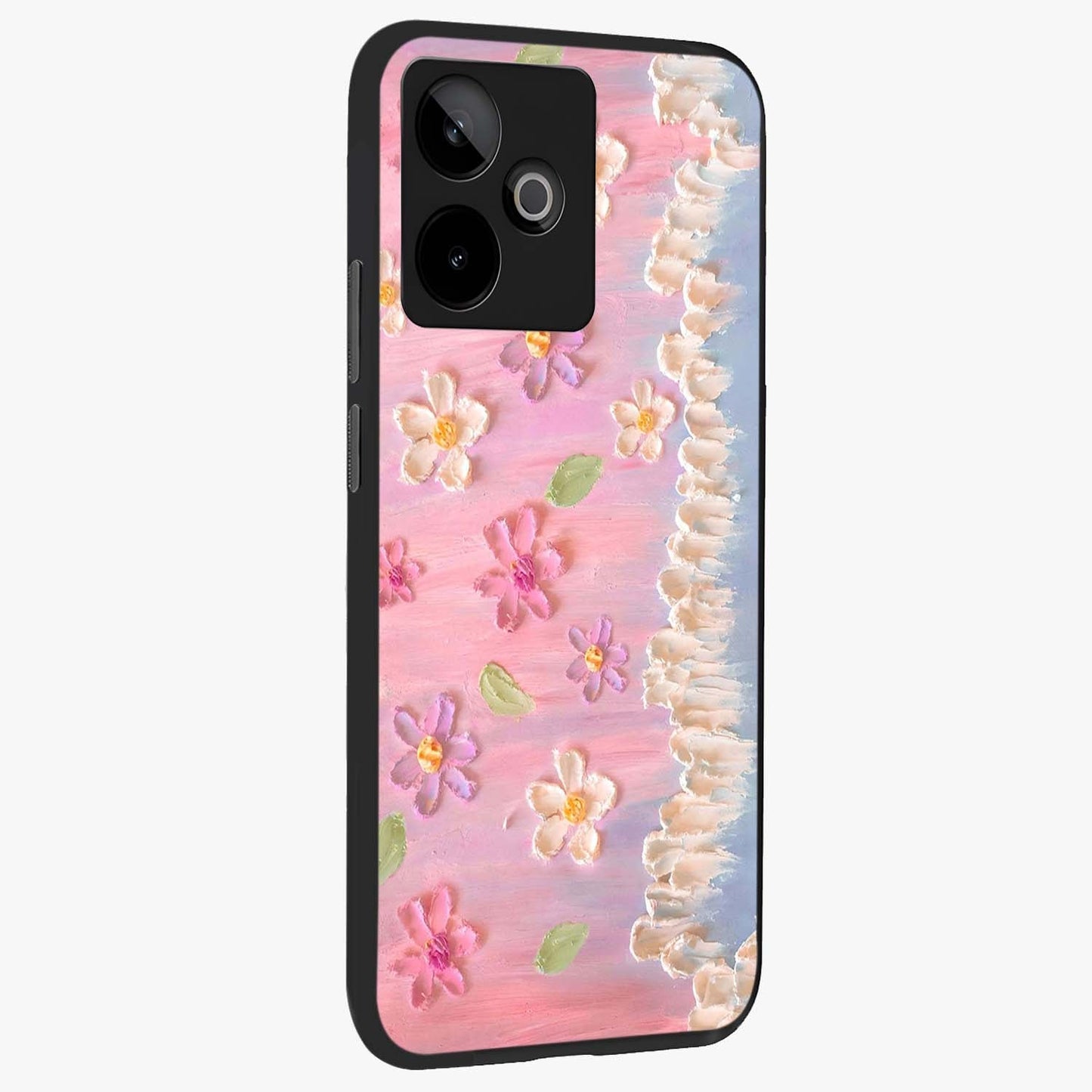 Dreamy Painted Garden Glass Case upright view showcasing vibrant floral garden artwork with artistic nature theme.