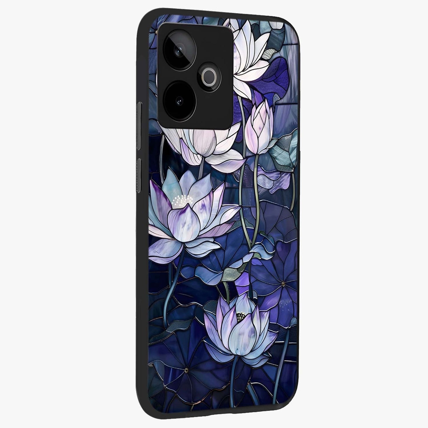 Gloss Petal Rush Glass Case upright view showcasing dynamic floral petal artwork with modern botanical theme.