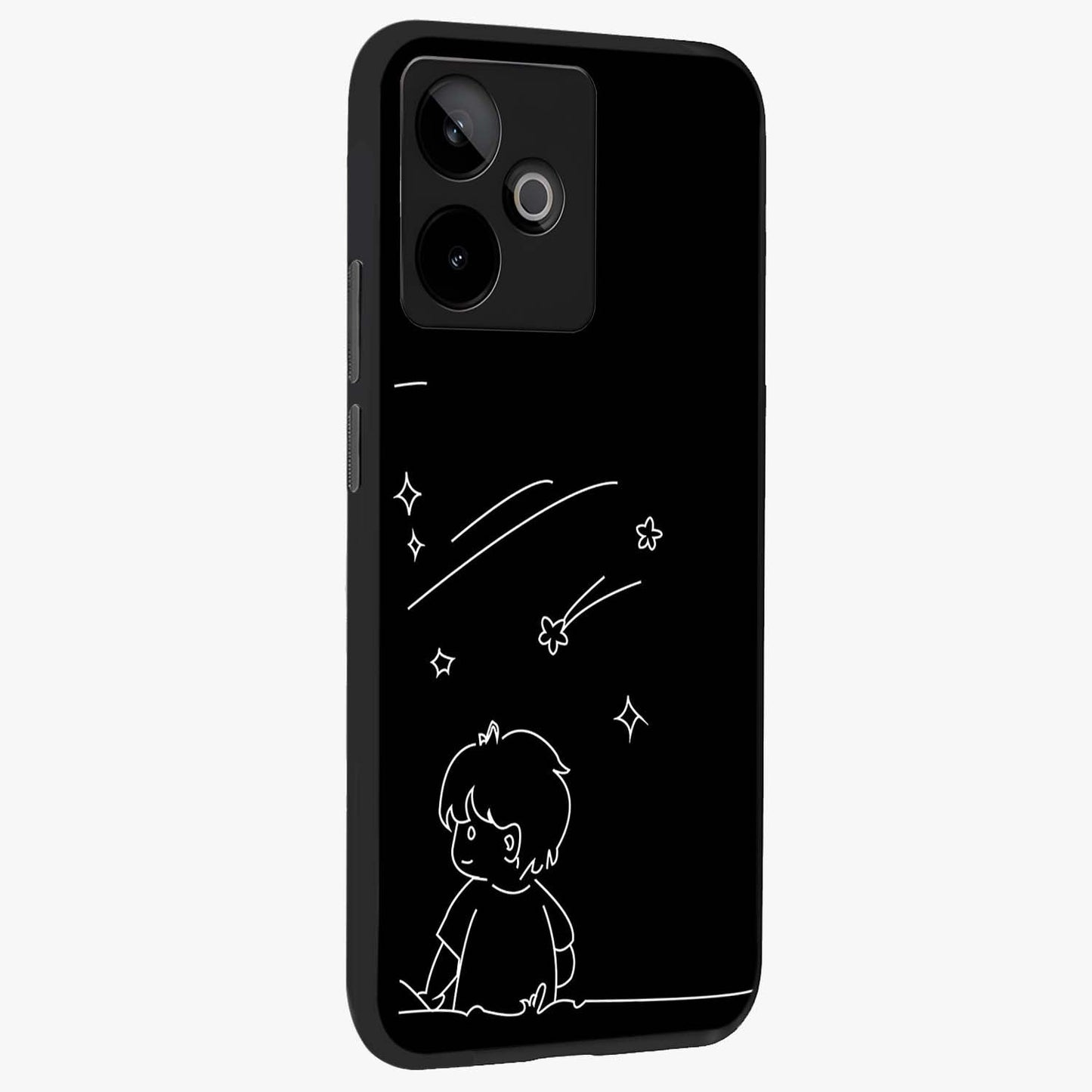 Line Art Boy With Shooting Stars Glass Case upright view showcasing artistic shooting star illustration with minimal style.