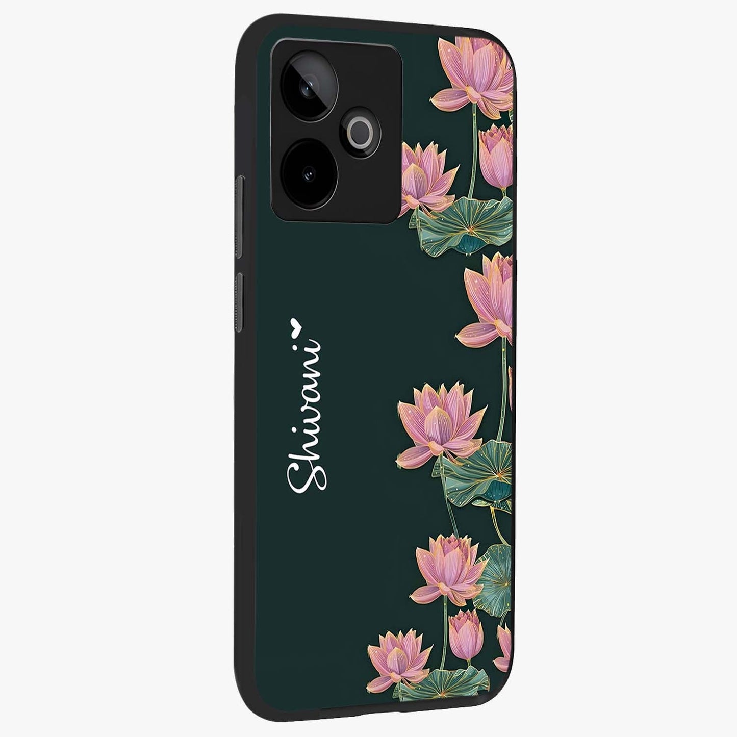 Lotus Bloom Serenity Custom Name Glass Case upright view showcasing serene lotus bloom artwork with personalized floral aesthetic.