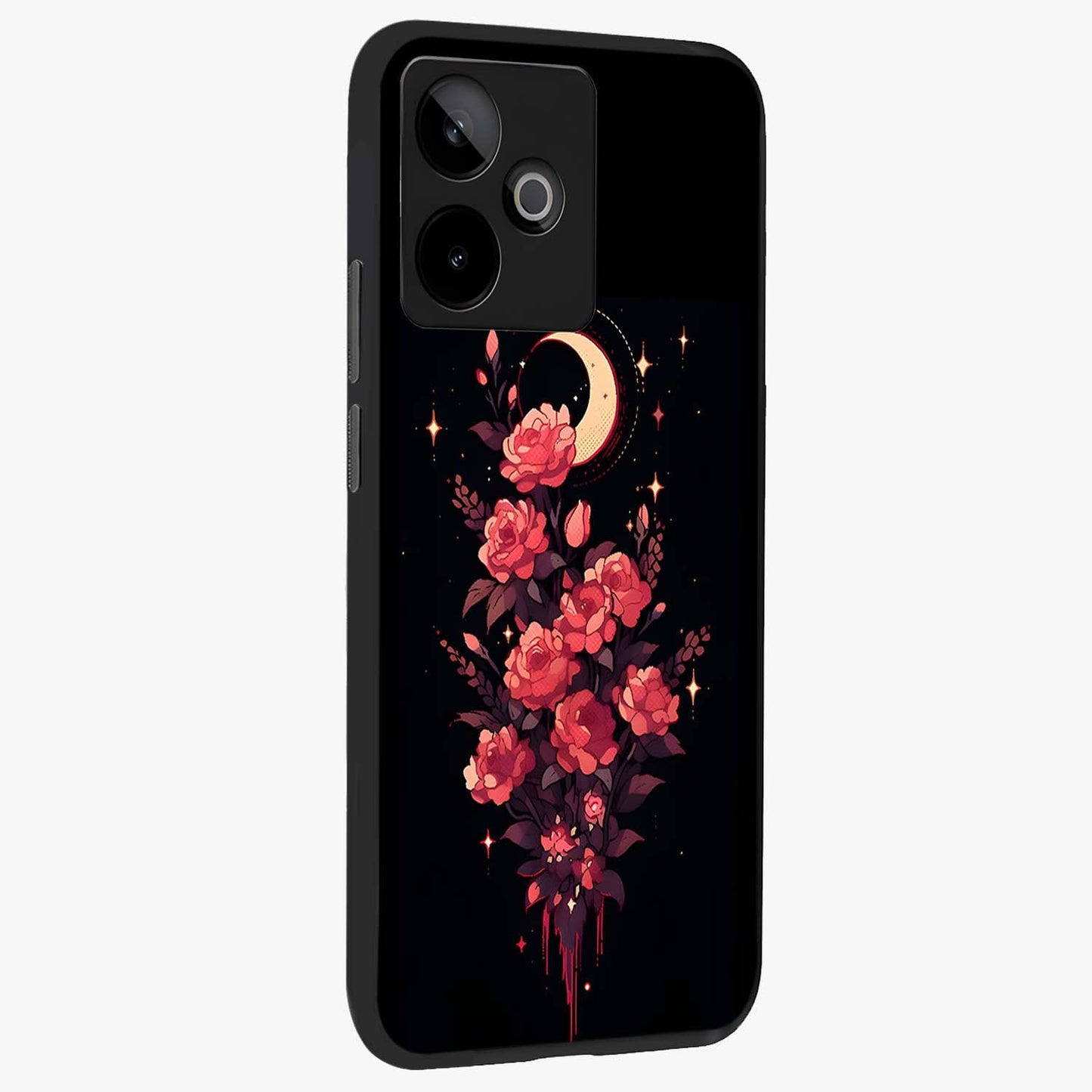 Moonlit Floral Elegance Glass Case upright view showcasing delicate floral artwork with refined night inspired theme.