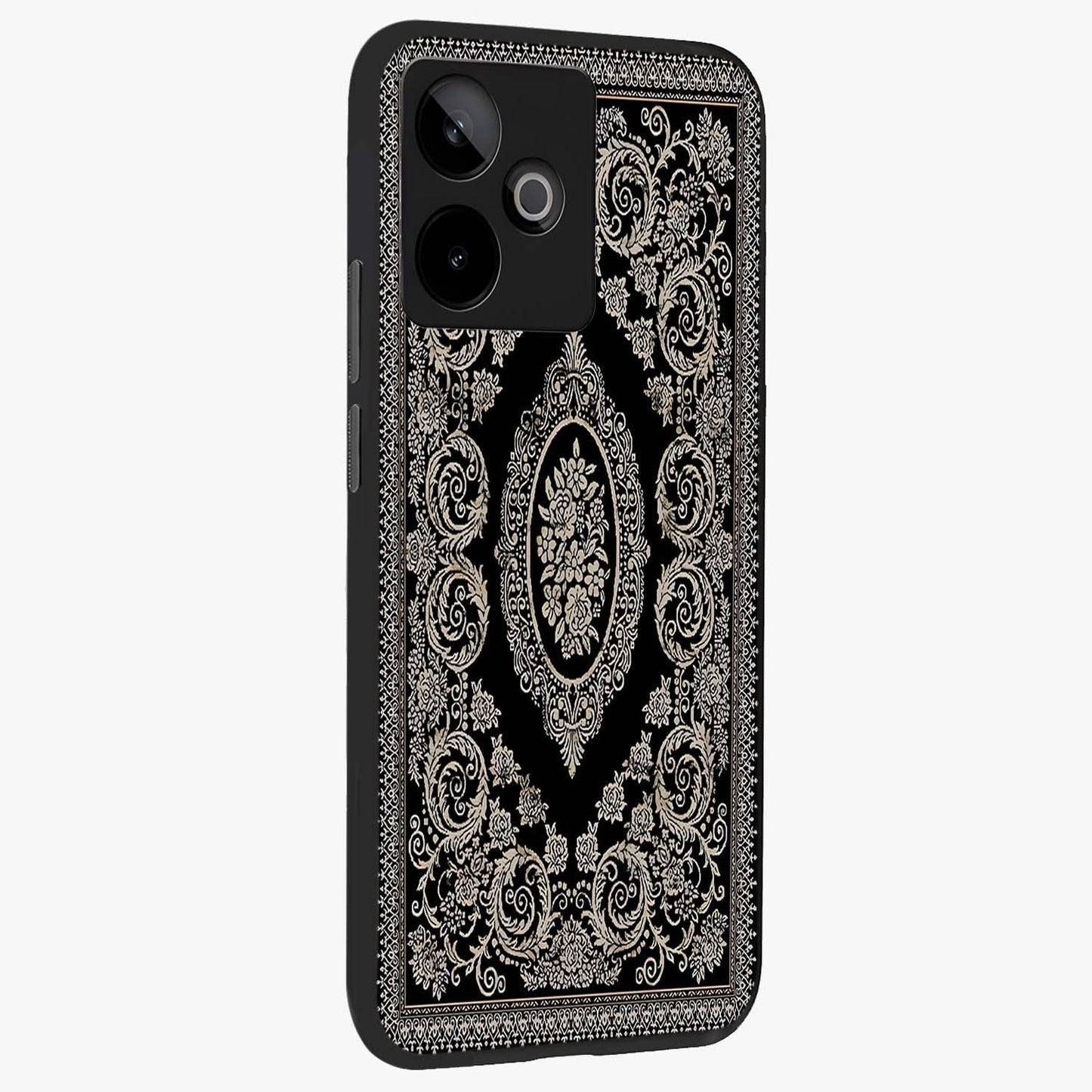 Noir Bloom Elegance Glass Case upright view showcasing graceful floral artwork with luxurious dark theme.