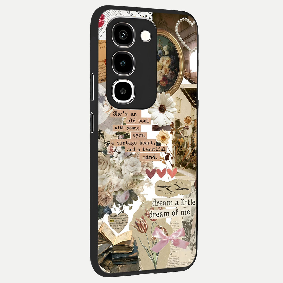 Aesthetic Brown Vintage Collage Glass Case upright view showcasing nostalgic retro artwork with stylish vintage theme.